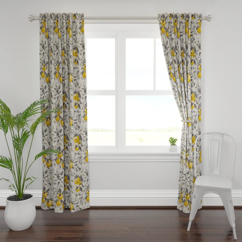Honeybee Lemon Floral Grey Leaves Taupe Print Linen Cotton Canvas Curtain Panel 96
