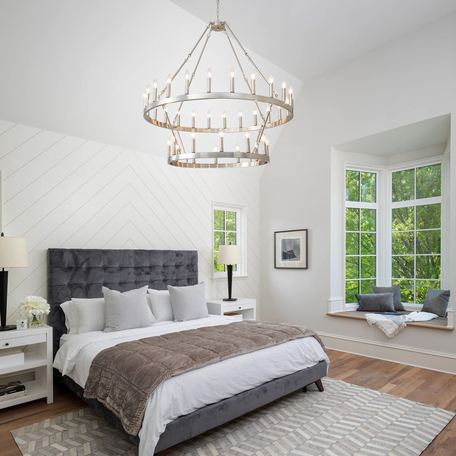 Extra Large 48 Inch HHR 2-Tier Wagon Wheel Chandelier - 36-Light Rustic Farmhouse Pendant Light in Nickel Finish for High Ceilings | Perfect for Dining Rooms, Living Rooms & Offices (E12 Base) | Creates Warm Ambiance for Farmhouse Weddings & Rustic Home Decor