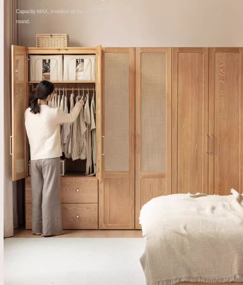 Oak Solid Wood Modular Wardrobe with Rattan Doors - Customizable Closet Storage for Bedroom & Living Room Organization