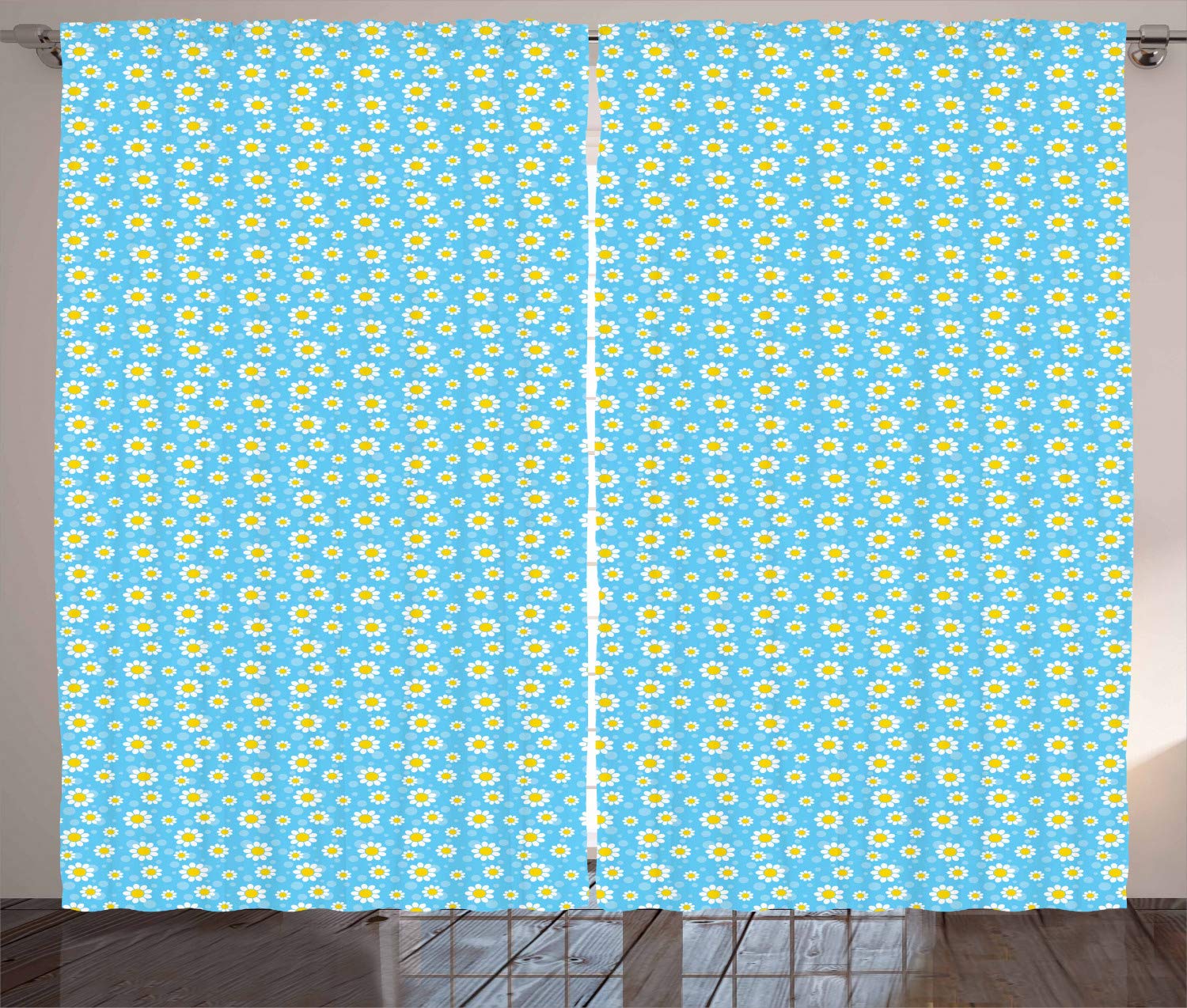 Ambesonne Yellow and Blue Cartoon Chamomile Curtains - Fresh Spring Floral Dots Window Drapes for Living Room & Bedroom - 2 Panel Set (108