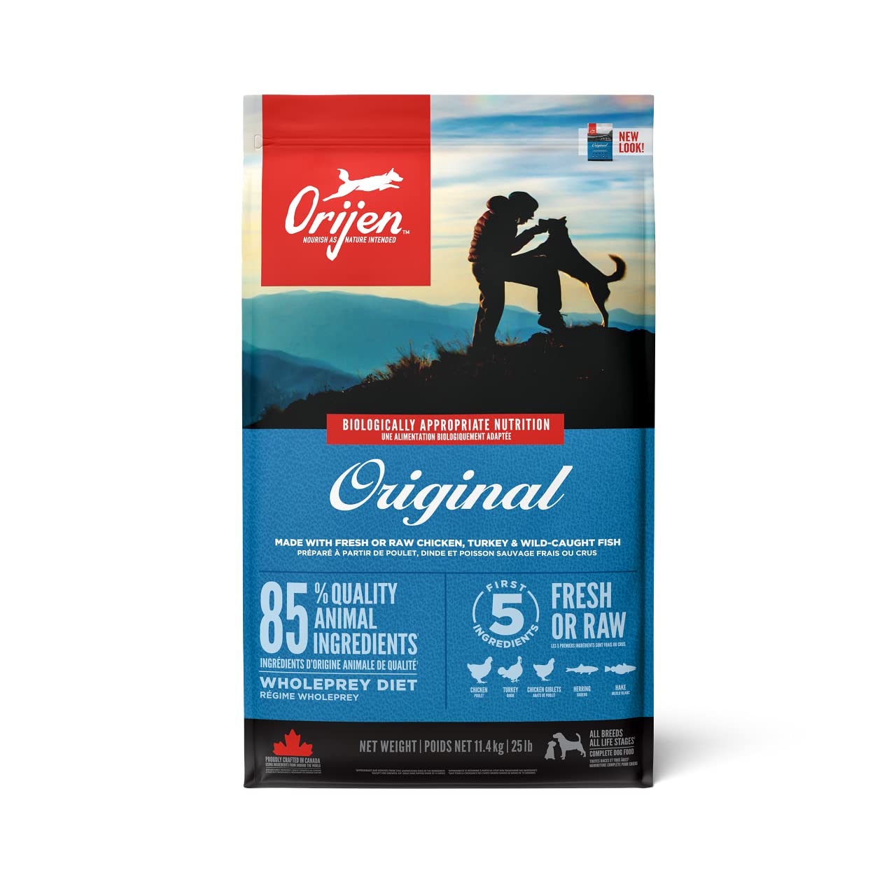 Orijen Adult Original Dry Dog Food - High Protein, Grain-Free, 11.4kg (25.1 lb) for Active Dogs - Perfect for Daily Nutrition & Training Rewards