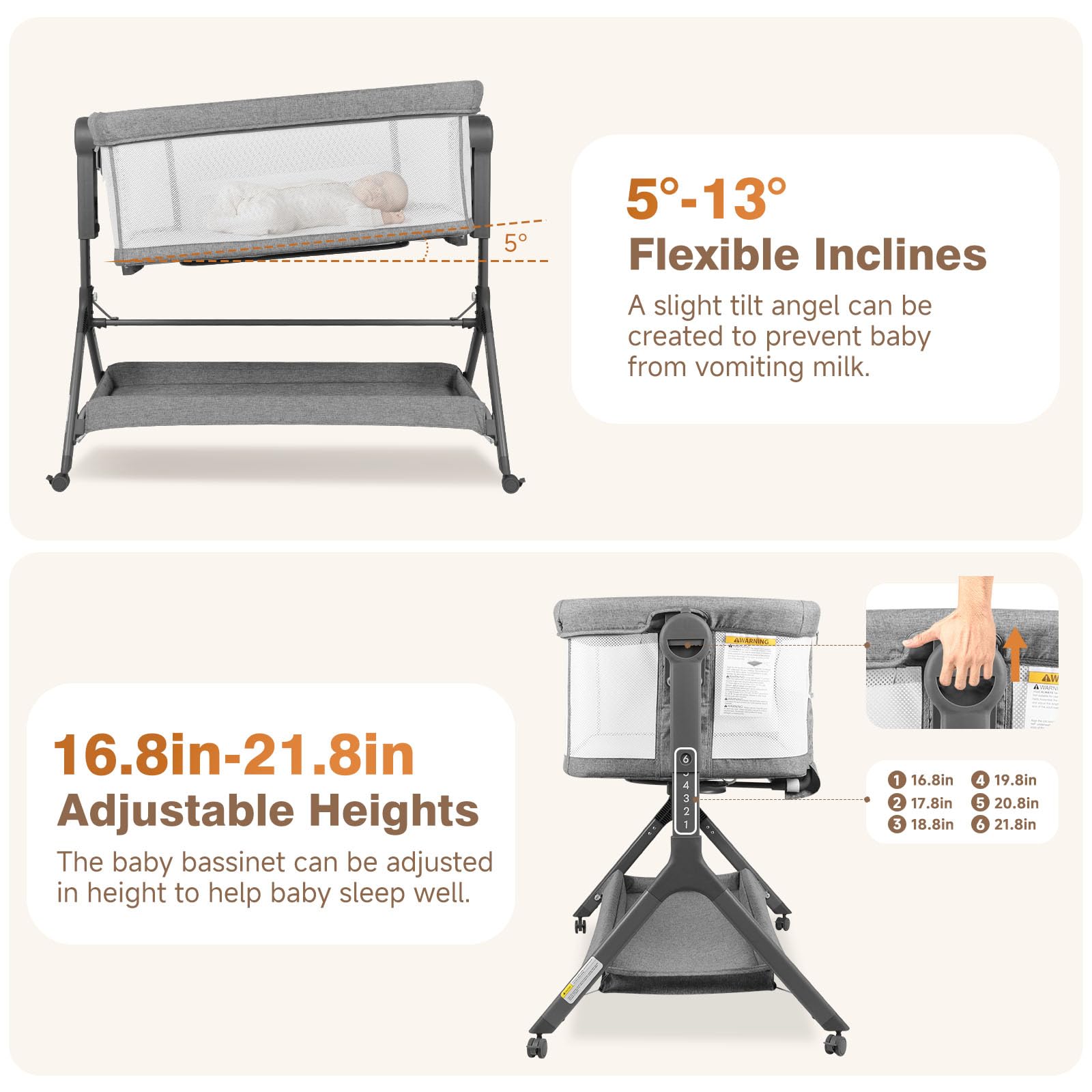 3-in-1 Baby Bassinet with Adjustable Height & Breathable Mesh - Portable Bedside Sleeper, Rocking Crib with Comfortable Mattress - Easy Assembly, Quiet Rolling Wheels for Nursery (Grey, 0-5 Months) - Perfect for Newborns, Nighttime Feeding & Co-Sleeping