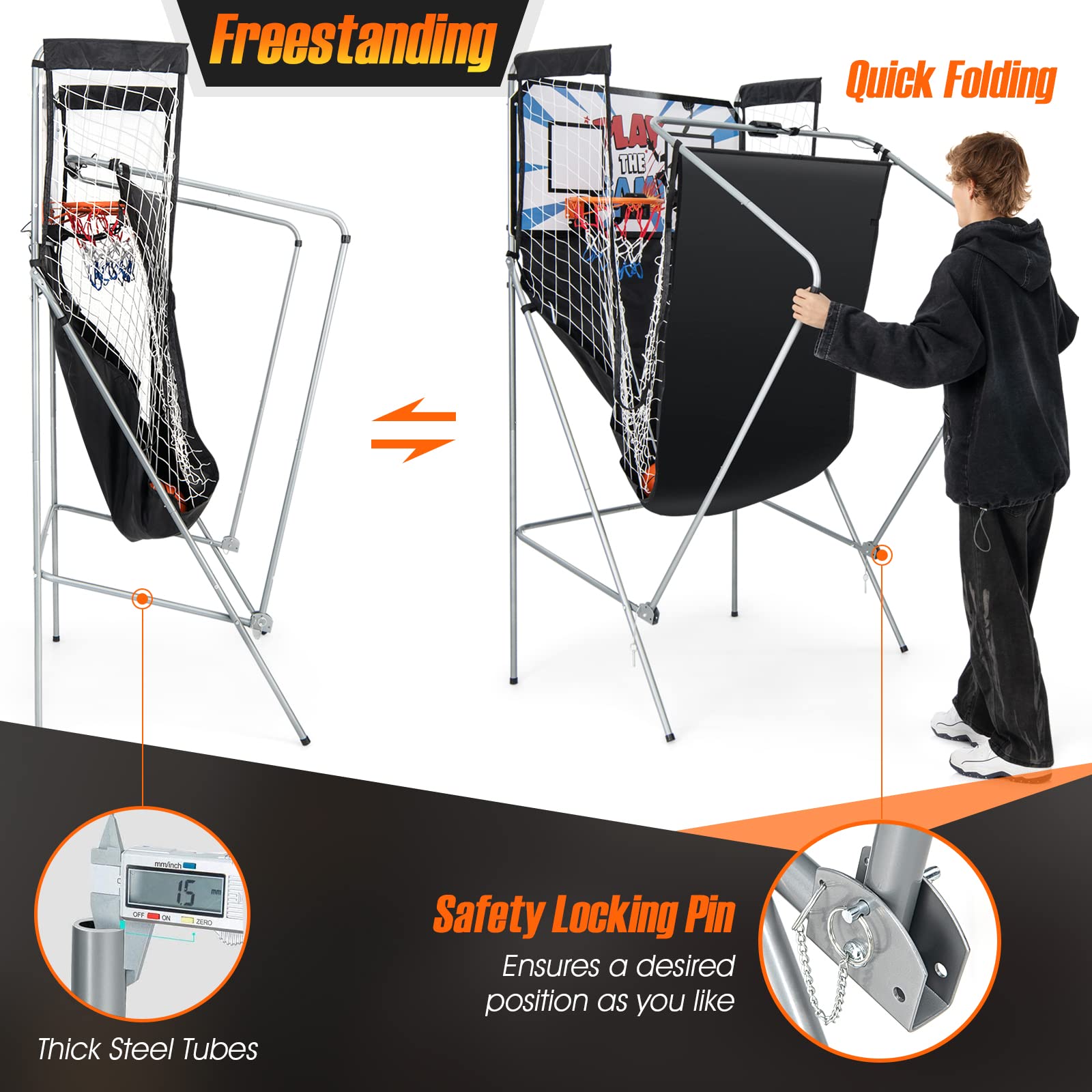 Foldable Dual Shot Basketball Arcade Game with Electronic Scoring - Indoor/Outdoor Fun for Kids & Adults