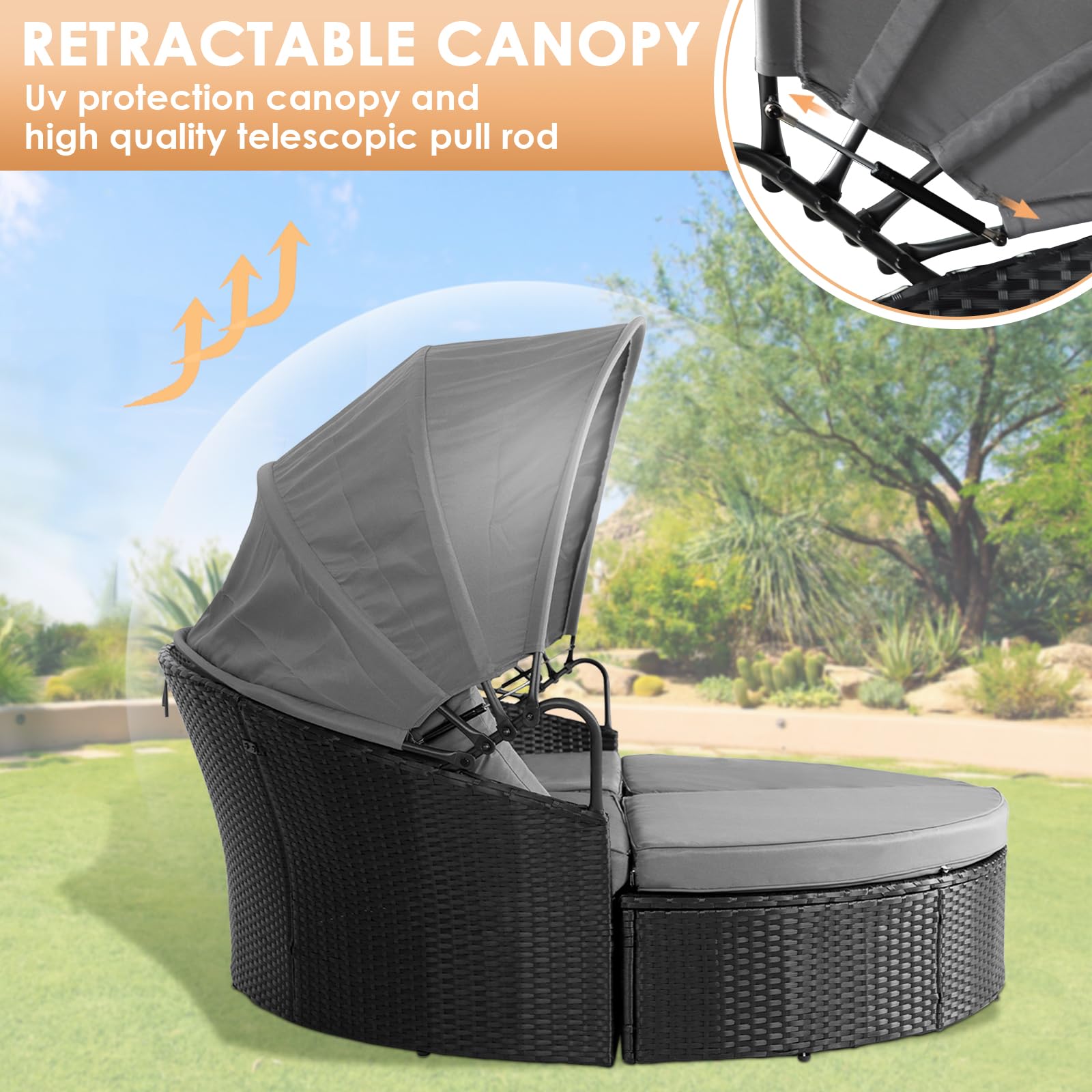 Outdoor Patio Furniture Set - 4-Piece Round Canopy Daybed with Cushioned Seats, Black Wicker Sofa for Poolside, Garden & Backyard Relaxation | Grey Weather-Resistant Design