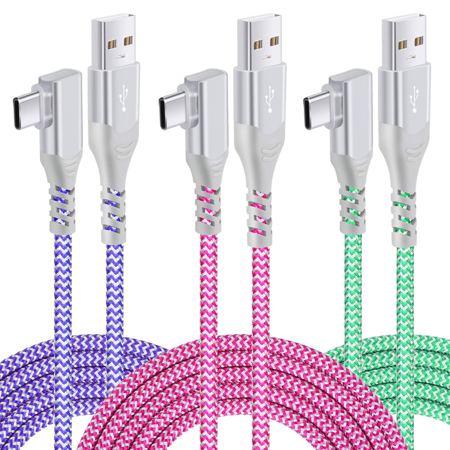 Pofesun 10ft USB C Charger Cable 3-Pack - Right Angle USB A to USB C Fast Charging Cord, Nylon Braided Type C Cable Compatible with Samsung Galaxy S24/S23/Note 20, A71/A70/A52/A51, LG V50/V40/G8 - Perfect for Home, Office & Travel Charging