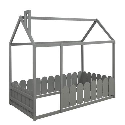 Wooden Twin Bed Frame with Safety Fence - Cabin Style Floor Bed for Kids, Nursery Furniture & Play Tent (Gray) | Perfect for Toddler Rooms, Montessori Bedrooms & Cozy Play Areas