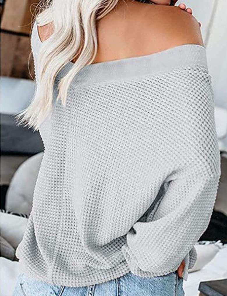 Tobrief Women's V Neck Long Sleeve Waffle Knit Pullover Sweater - Oversized Off Shoulder Casual Top for Fall & Winter | Perfect for Layering, Coffee Dates, and Weekend Outfits