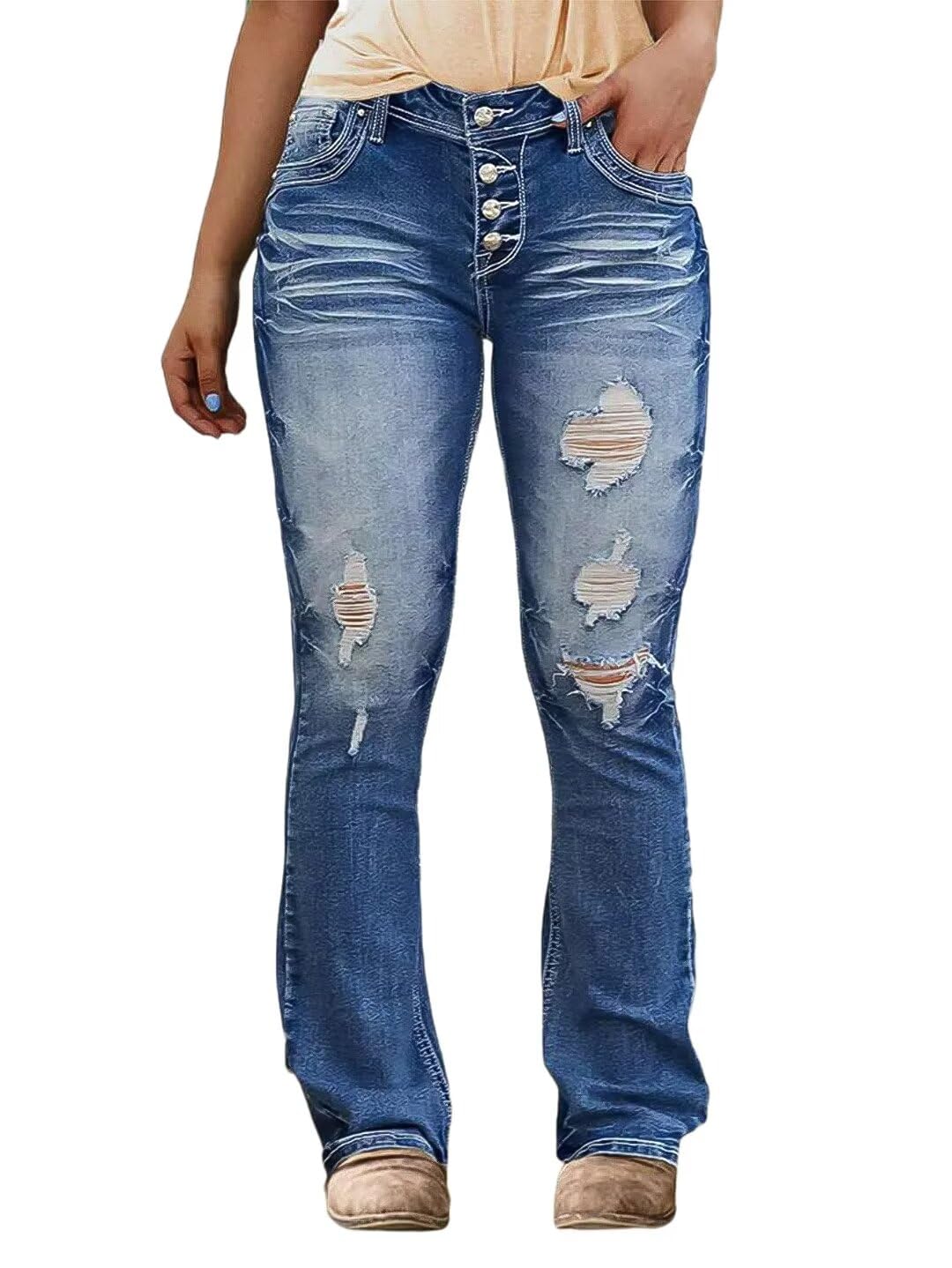 Flamingals Women's Distressed Bootcut Jeans - Low Rise Ripped Flare Denim Pants for Casual Wear & Night Out