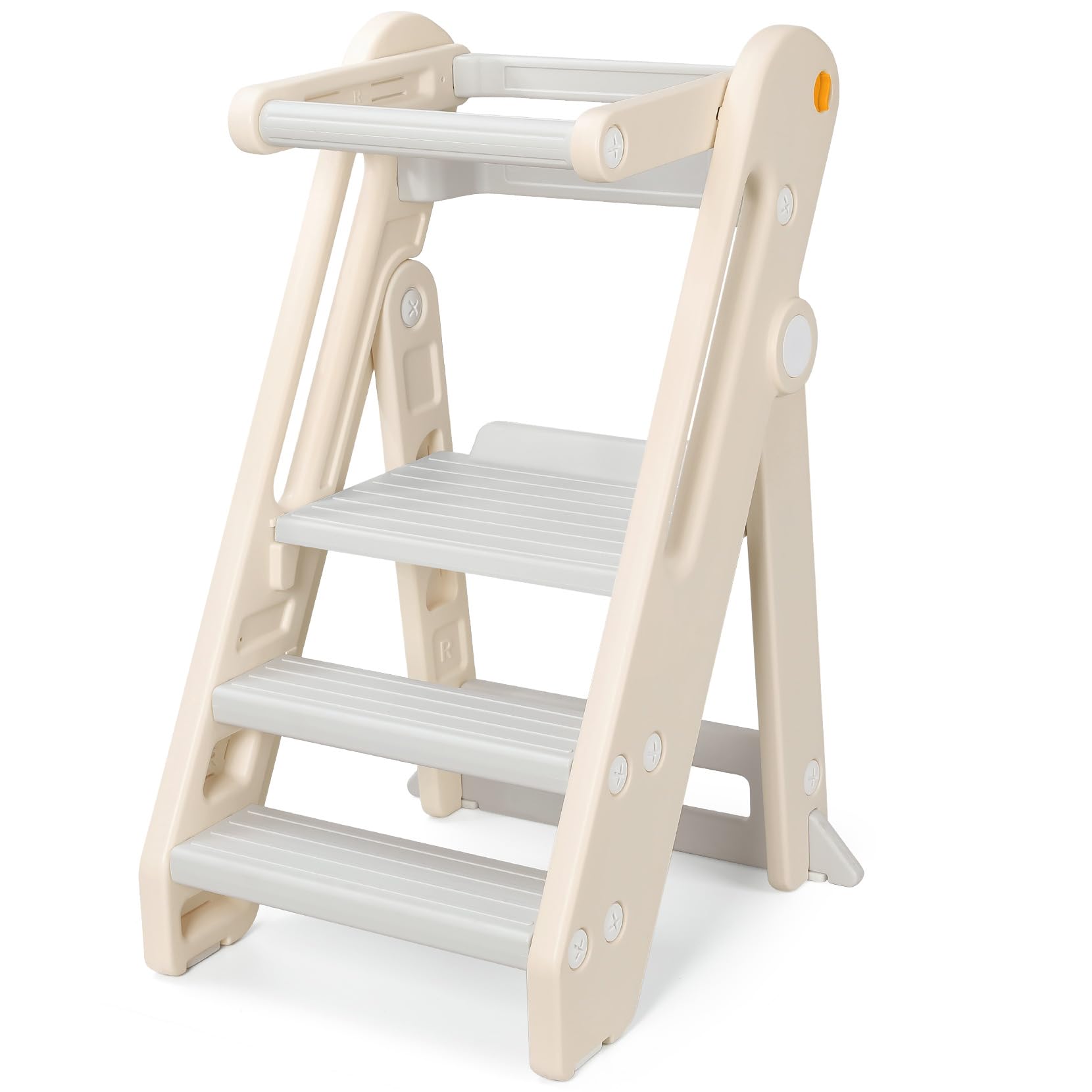 Onasti Foldable Adjustable Toddler Tower Kitchen Stool - Safe Learning Step Stool for Kids with Handles & Non-Slip Base | Perfect for Cooking, Baking & Bathroom Sink Access | Grey White