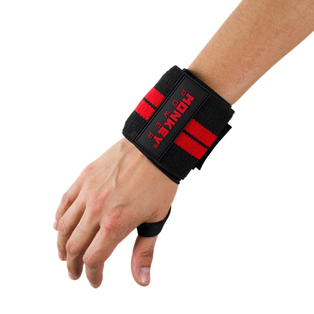 MONKEY POWER Elastic Wrist Support Brace for Gym, Weightlifting & CrossFit - Red | Wrist Stabilizer for Workout, Sports & Injury Recovery