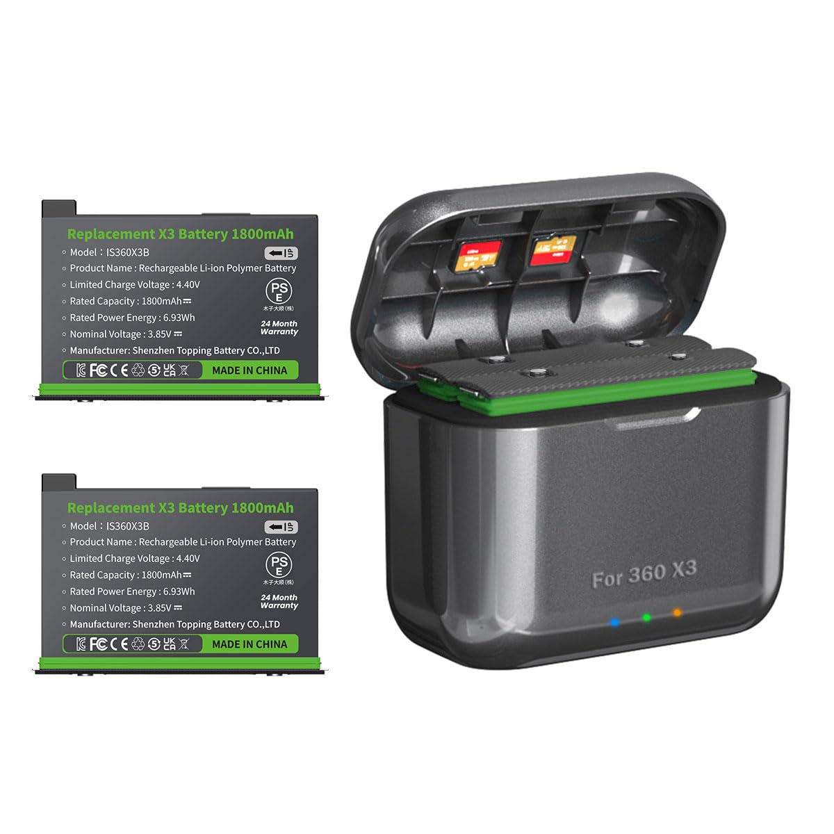 2 Packs 360 X3 Replacement Batteries with Fast Charger Hub - 1800mAh High Capacity Battery for Insta360 ONE X3 Camera - Includes Micro SD Card Slots - Perfect for Travel, Vlogging & Outdoor Adventures