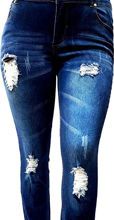 Jack David Women's Plus Size Ripped Destroyed Blue Denim Roll-Up Distressed Jeans - Trendy Casual Pants for Everyday Wear, Street Style & Outfit Pairing