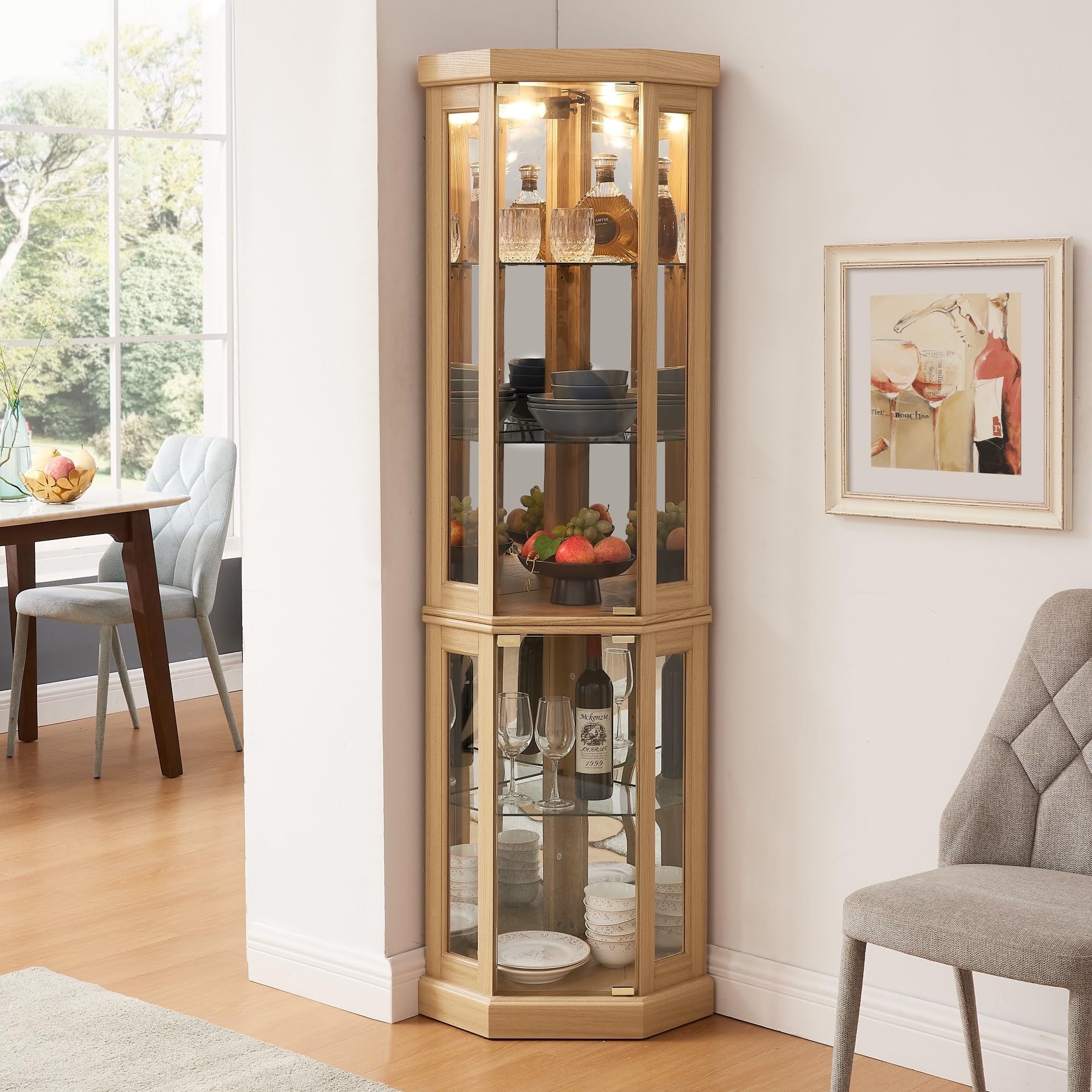 5-Tier Lighted Corner Curio Glass Display Cabinet with Adjustable Shelves & Mirrored Back - 69.84