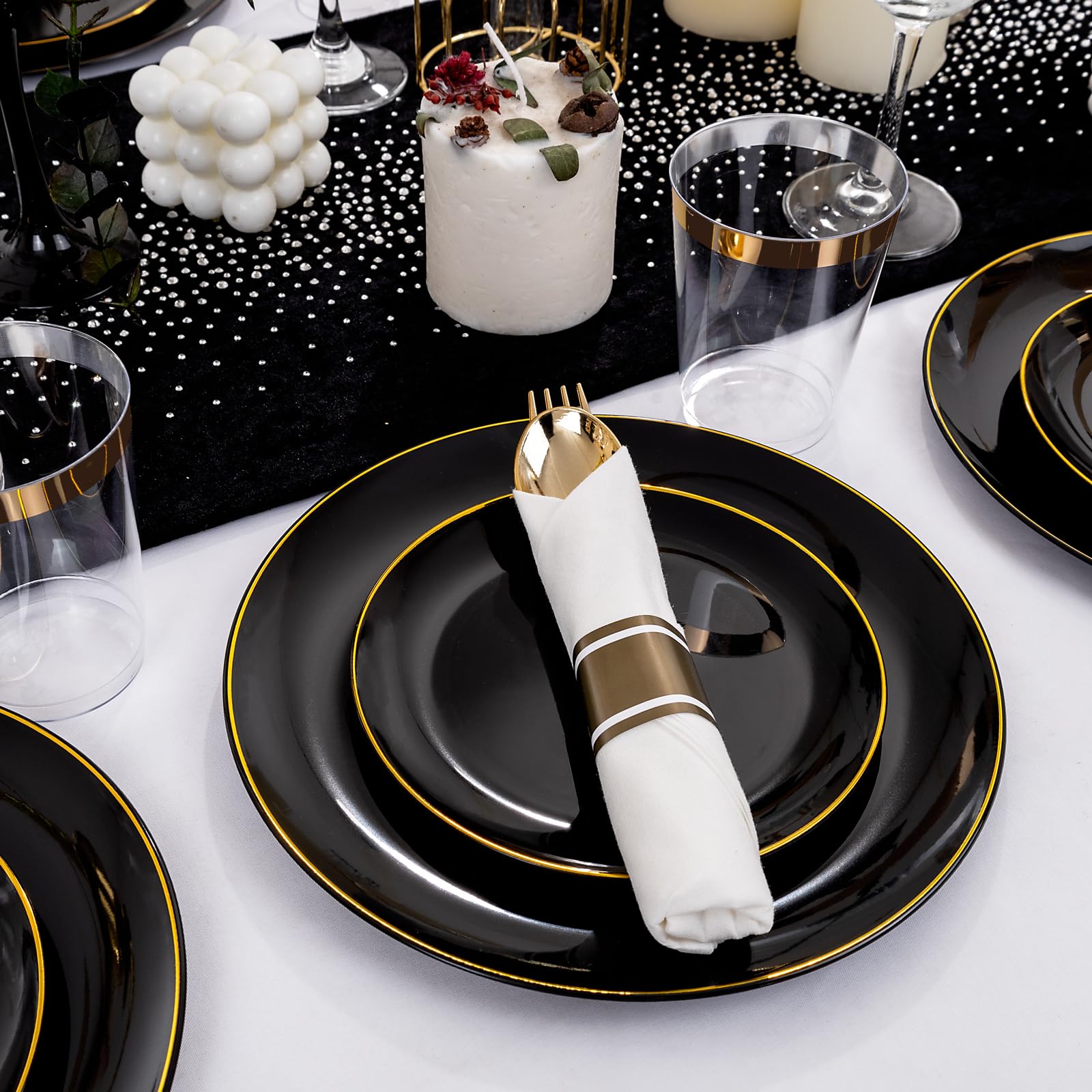 350-Piece Black & Gold Plastic Dinnerware Set for 50 Guests - Includes 50 Dinner Plates, Dessert Plates, Cups & Silverware - Elegant Disposable Tableware for Weddings, Parties & New Year Celebrations