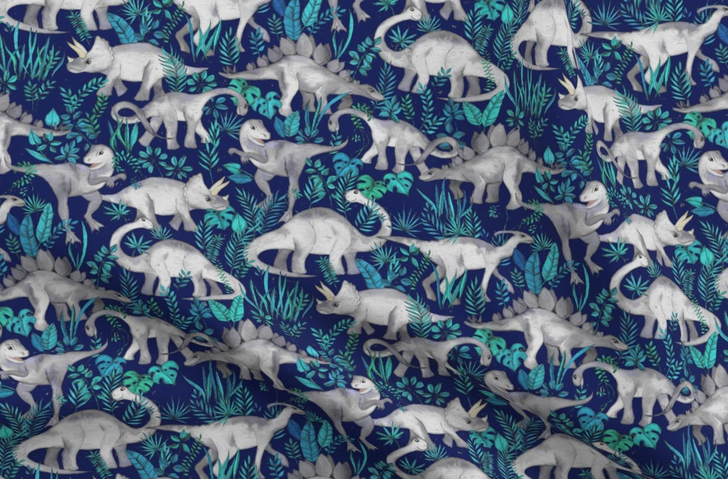 Dinosaur Jungle Dark Blue Purple Background Fabric - Medium Print Dinos Grey Printed on Soft Minky Fabric by The Yard for Sewing Baby Blankets, Quilt Backing & Plush Toys | Premium Spoonflower Material for DIY Projects & Nursery Decor