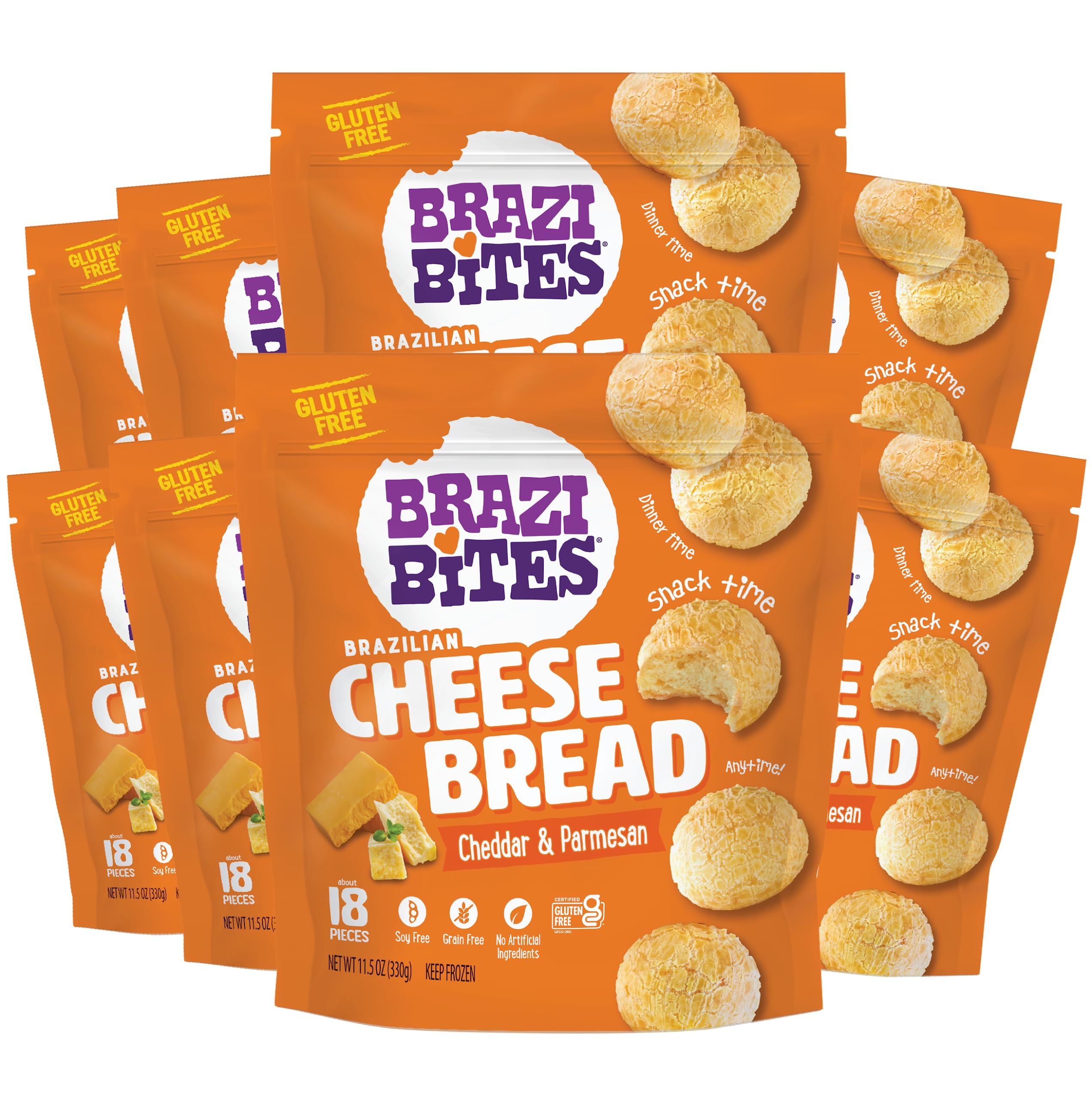 Brazi Bites Gluten-Free Brazilian Cheese Bread - Cheddar & Parmesan Frozen Snacks | Vegetarian, Soy-Free, No Artificial Ingredients or Preservatives | 11.5 oz (8-Pack) | Perfect for Parties, School Lunches & Quick Appetizers