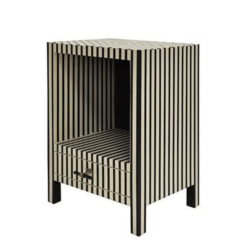 Handmade Bone Inlay Wooden Nightstand with Striped Pattern - Single Drawer Bedside Table Furniture for Bedroom, Living Room & Guest Room Decor