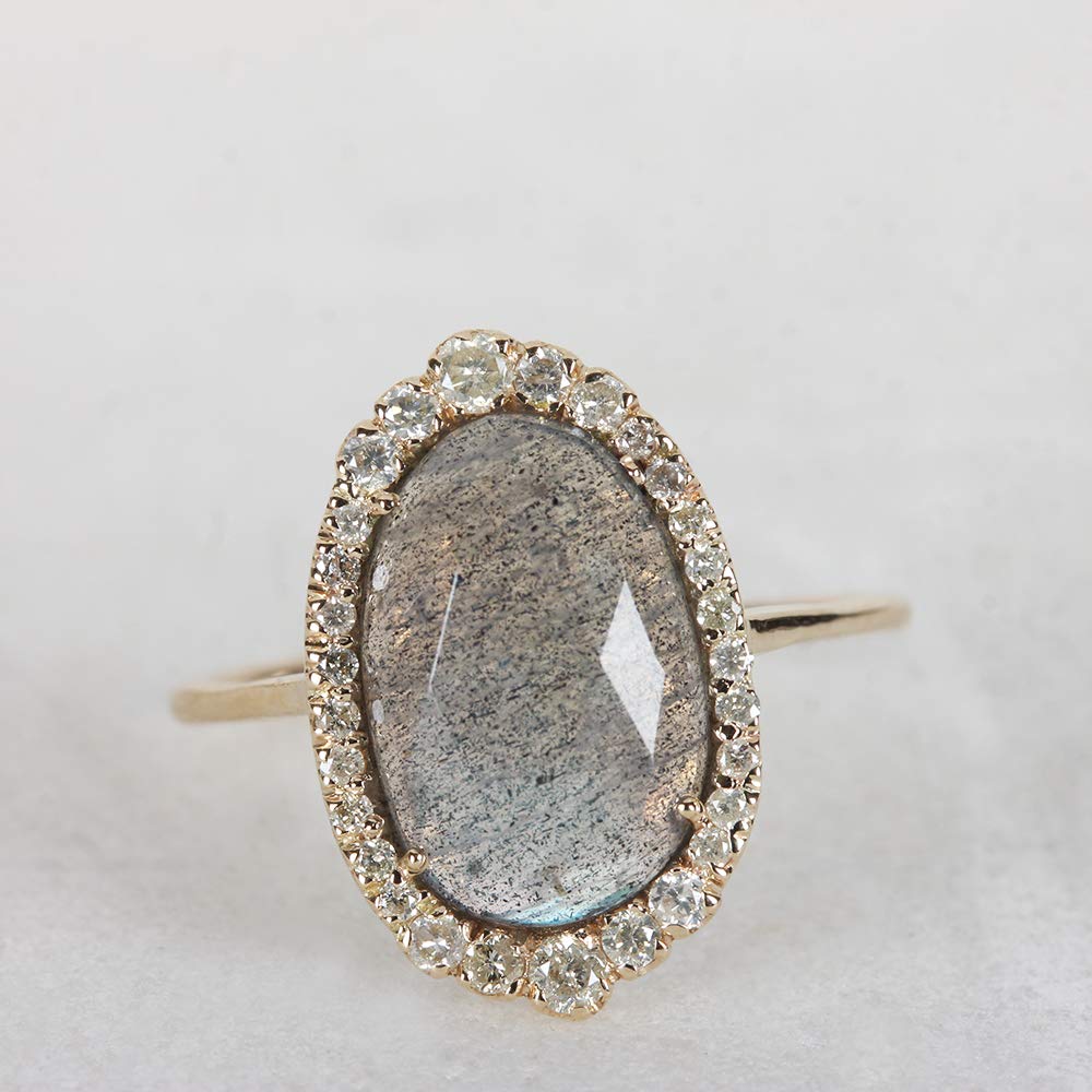 Anjistouch 14K Yellow Gold Labradorite Gemstone Ring with Pave Diamonds | Natural Round Cut Women's Jewelry for Everyday Wear & Special Occasions
