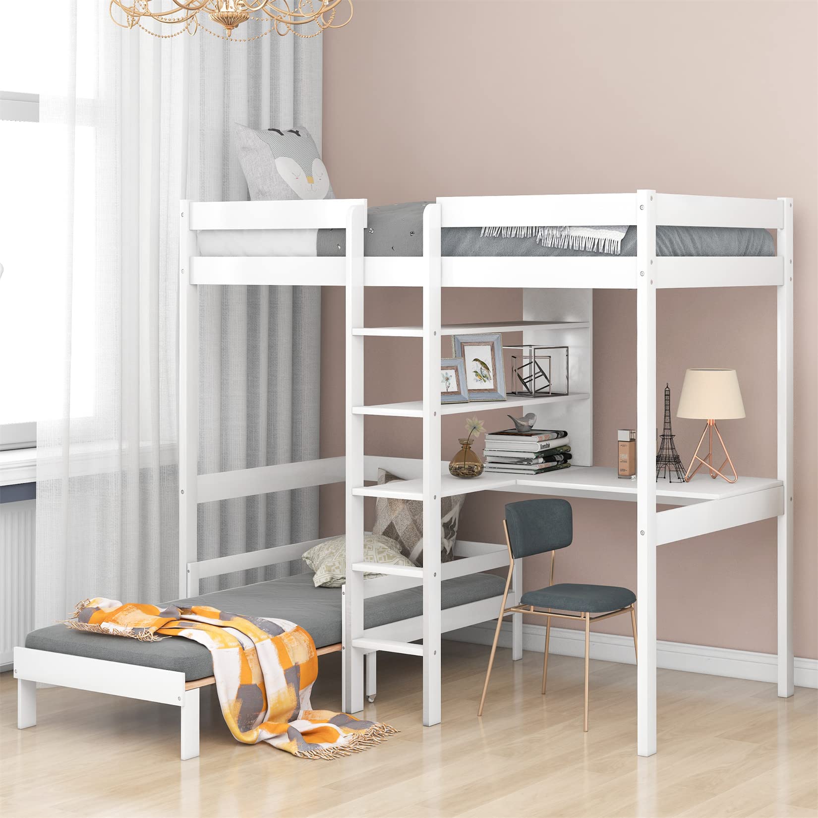 Convertible Twin Loft Bed with Desk, Shelves & Storage - White Wood Bunk Bed Frame for Kids, Teens, Boys & Girls - Perfect for Small Rooms & Dorm Spaces with Free Seat Cushion Included