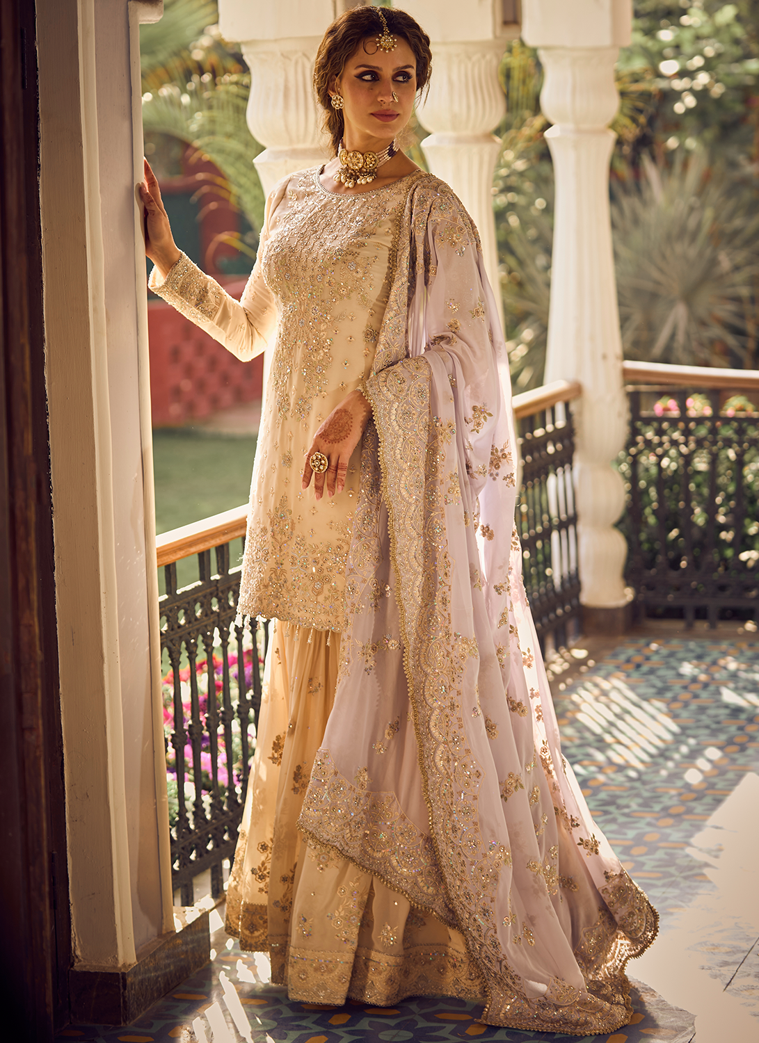 Elegant Cream & Lavender Embroidered Gharara Suit for Women | Traditional Pakistani Wedding Outfit | Perfect for Bridal Shower, Mehndi & Festive Occasions