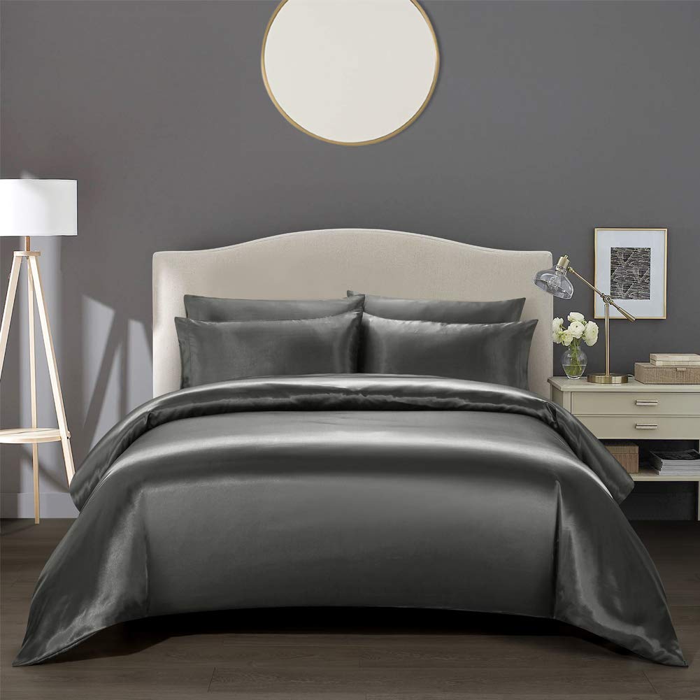 Luxury Ultra Soft Satin King Size Duvet Cover Set - Dark Grey 4 Piece Bedding Set (Duvet Cover, Fitted Sheet 16