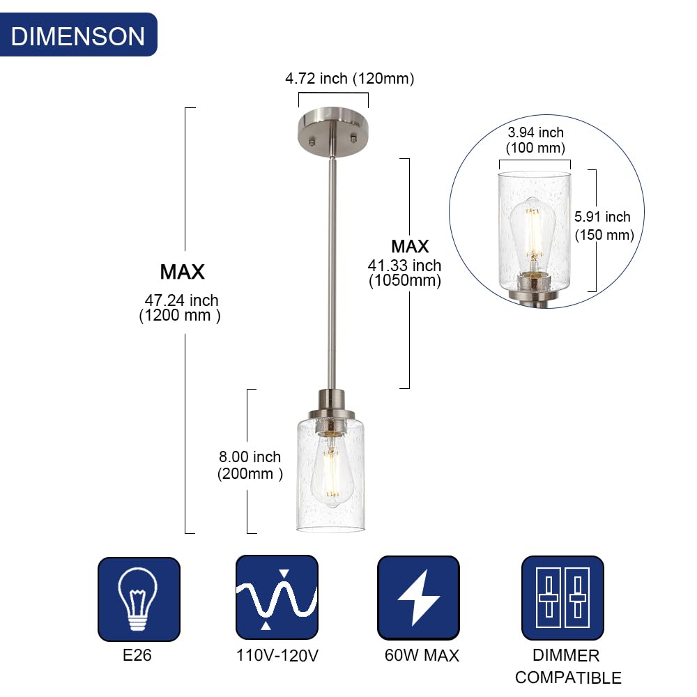 Modern Brushed Nickel Pendant Light Fixture - Adjustable 1-Light Hanging Lighting for Kitchen Island, Dining Table, Hallway, Bedroom, Office & Bar | Farmhouse & Contemporary Home Decor