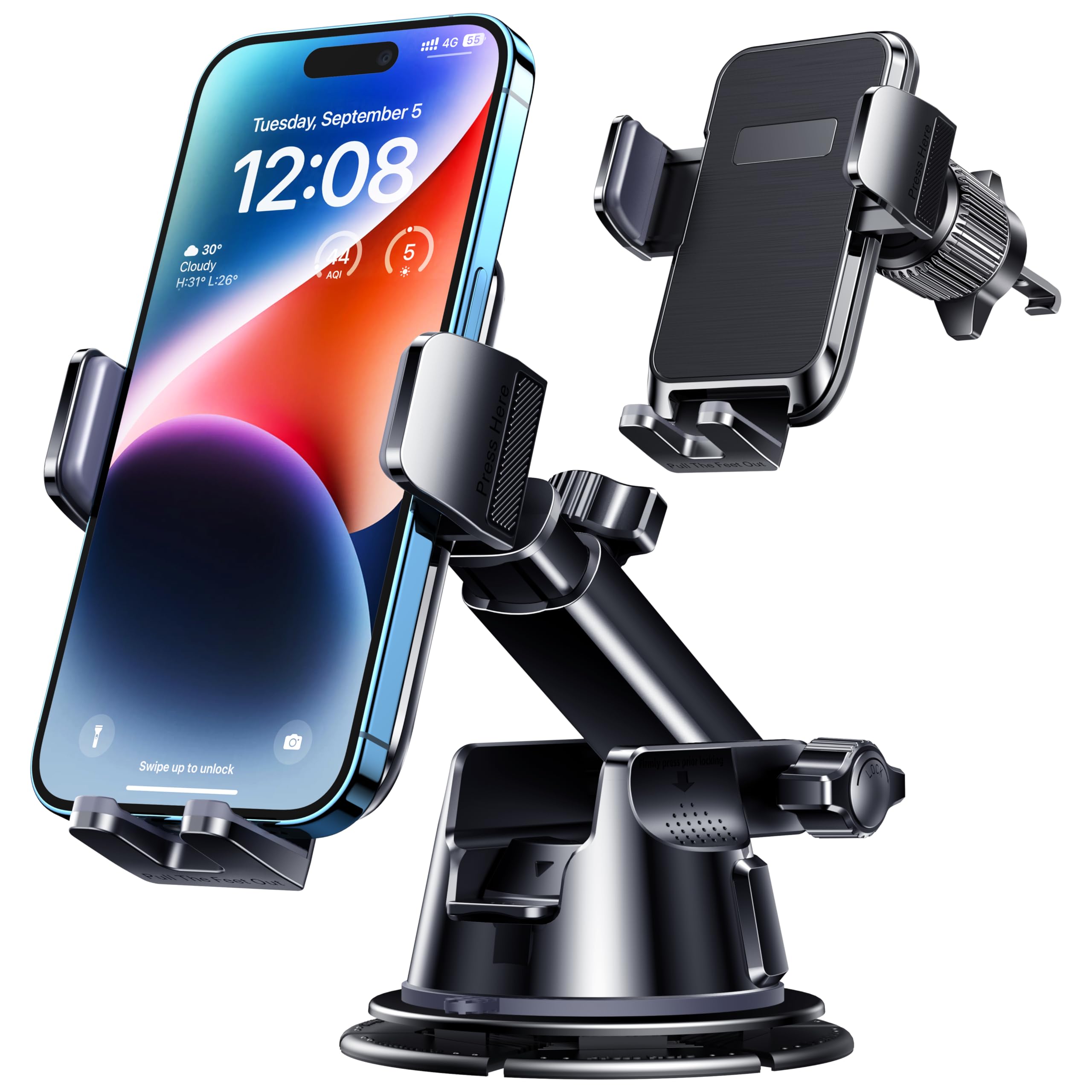 Military-Grade Car Phone Holder - 3-in-1 Universal Dashboard, Windshield & Air Vent Mount with Super Sturdy Base for iPhone & Android - Perfect for GPS Navigation, Hands-Free Calling & Road Trips