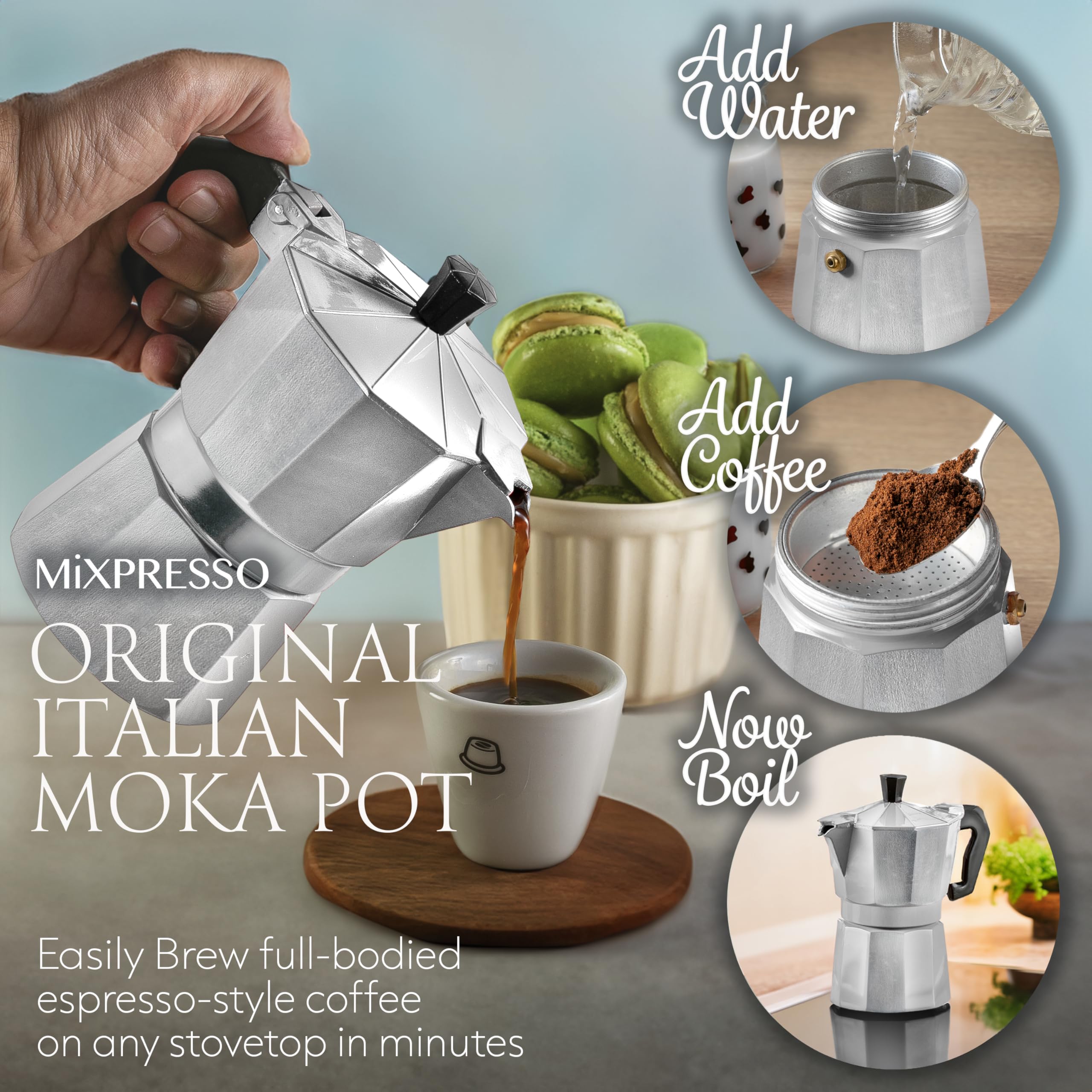 Mixpresso 3-Cup Stovetop Espresso Maker - Italian Moka Pot for Gas & Electric Stoves, Perfect for Home, Office & Camping - Brews 5oz Rich Cuban Coffee & Espresso