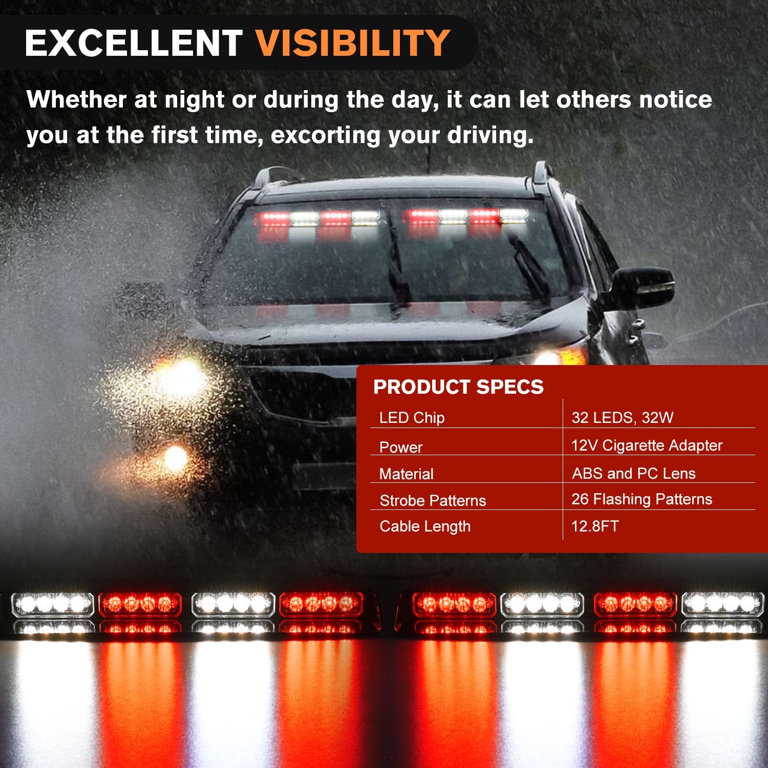 32 LED Red & White Emergency Dash Strobe Lights with Controller & Suction Cups - Vehicle Safety Warning Lights for Trucks, Police Cars, Construction Vehicles