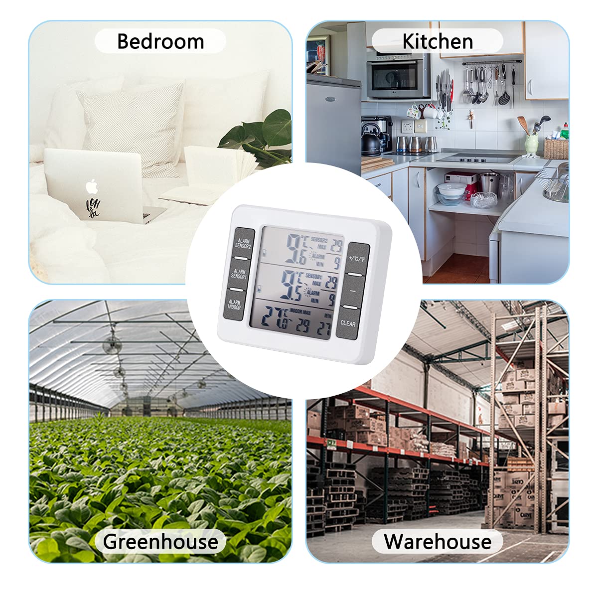 Freezer Alarm with Audible Alert & 2 Wireless Sensors - Indoor/Outdoor Refrigerator Thermometer for Home Kitchen - Monitor Food Safety in Freezers, Fridges & Garages