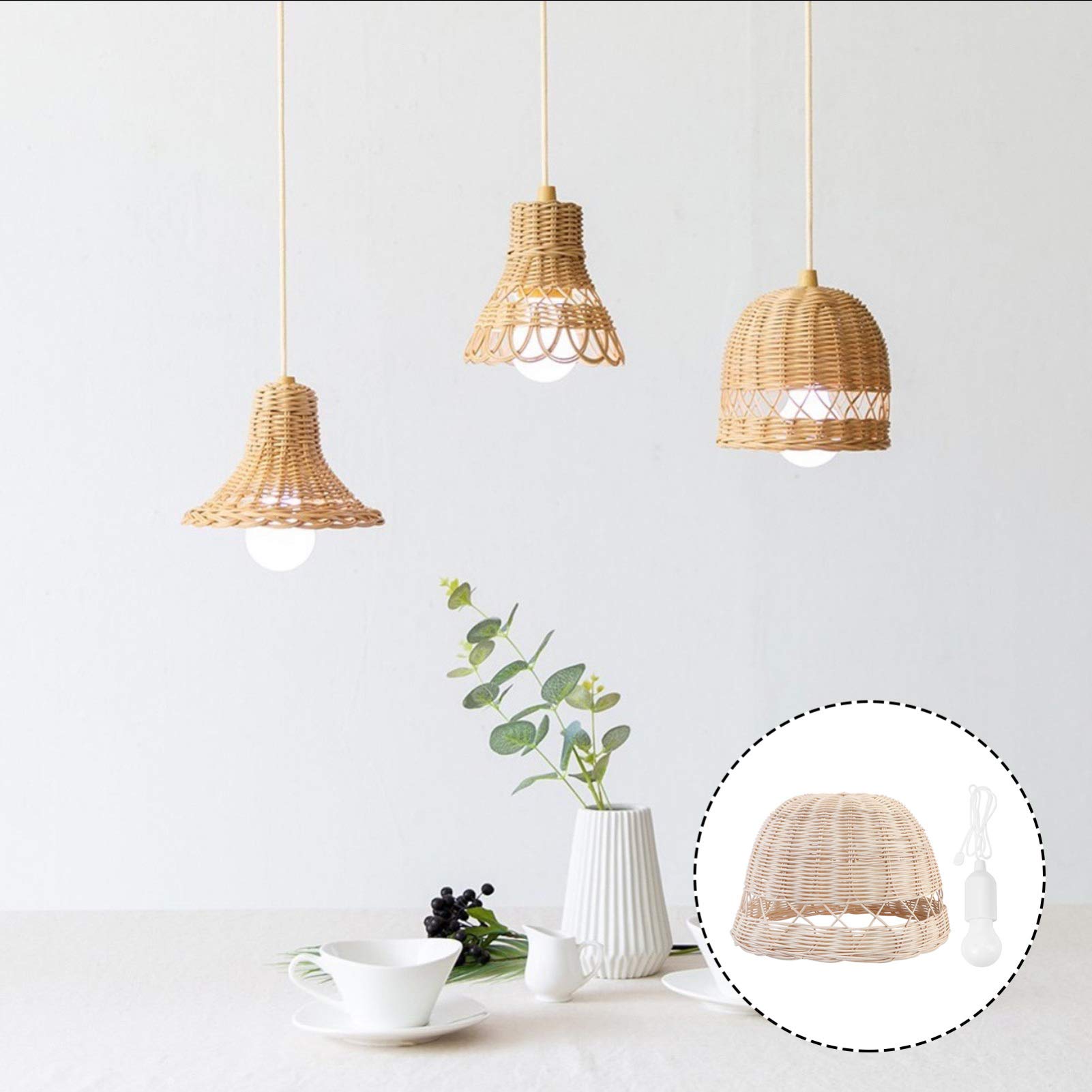 SOLUSTRE Handwoven Rattan Pendant Light - Farmhouse Ceiling Lamp with Rustic Wicker Shade for Kitchen, Dining Room, Bedroom & Porch Lighting