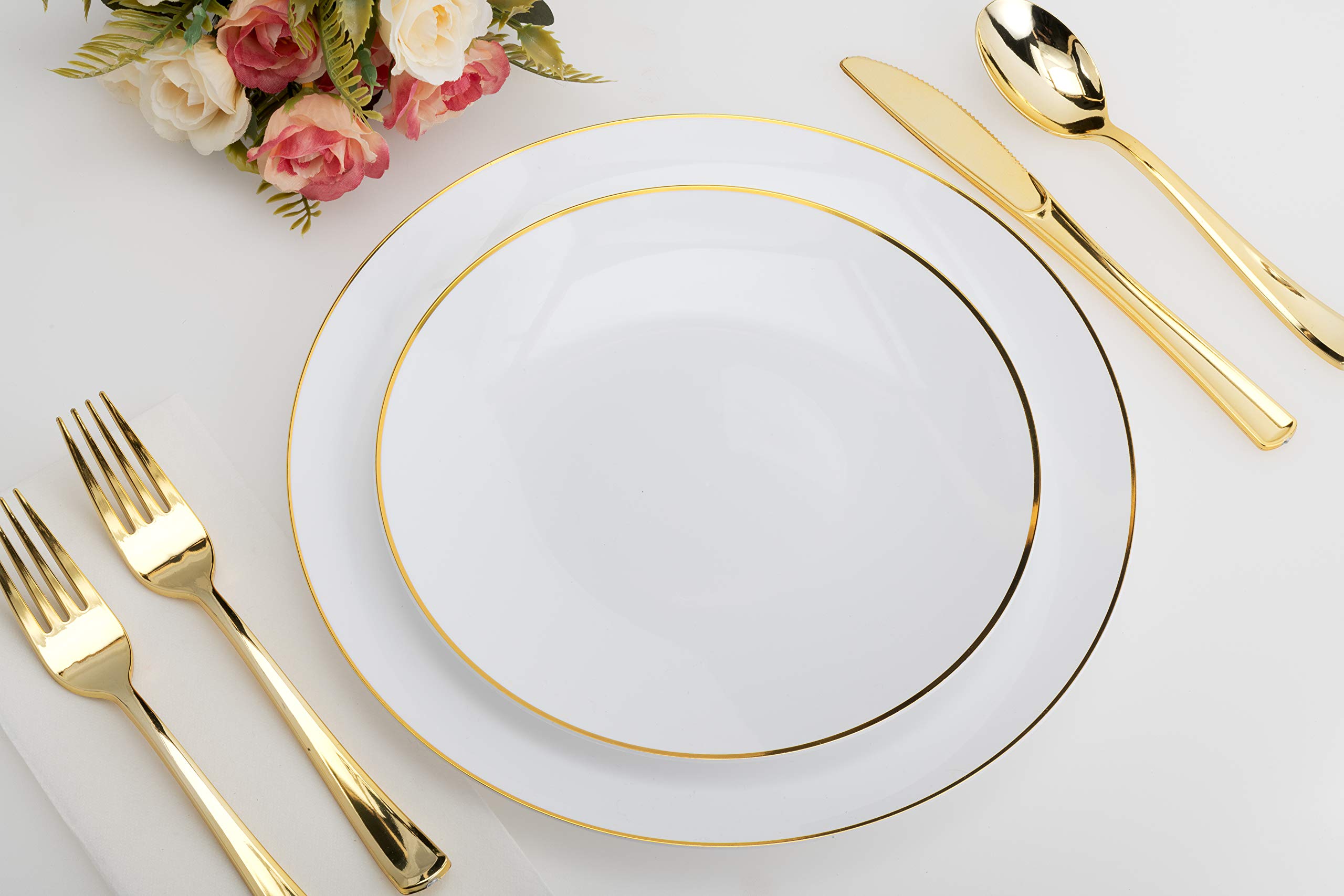 Premium 120-Piece White & Gold Elegant Disposable Dinnerware Set - Plates, Forks, Knives, Spoons & Teaspoons for Wedding, Party, Catering (Serves 20) | Perfect for Formal Events, Bridal Showers & Upscale Gatherings