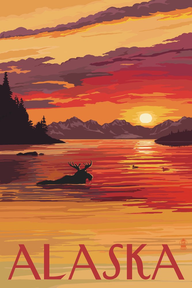 Alaska Moose Swimming at Sunset - 16x24 Gallery Quality Metal Wall Art, Aluminum Decor for Living Room, Office & Cabin