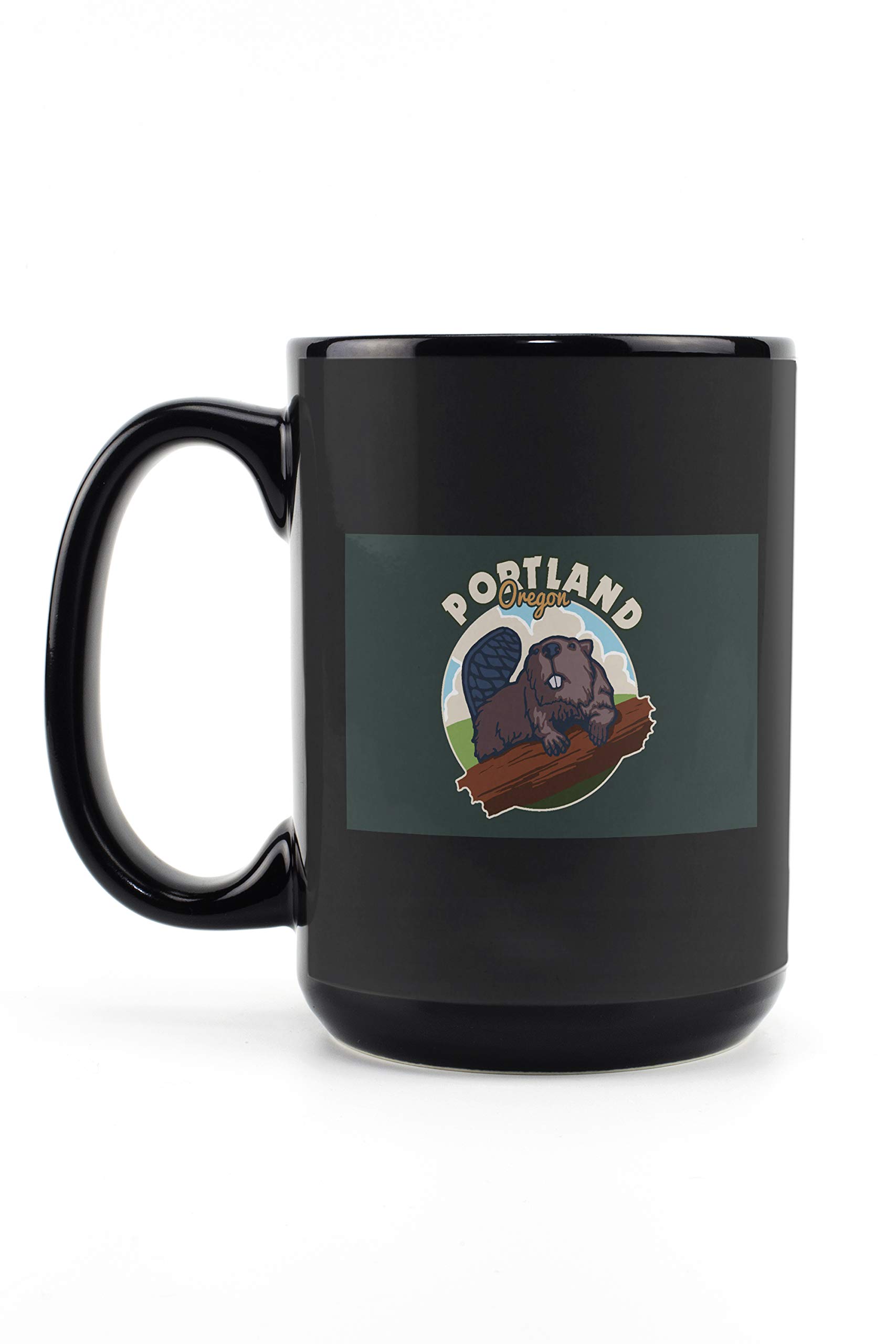 Lantern Press Portland Oregon Beaver Contour 15oz Black Ceramic Coffee Mug - Microwave & Dishwasher Safe - Perfect for Home, Office & Camping Use