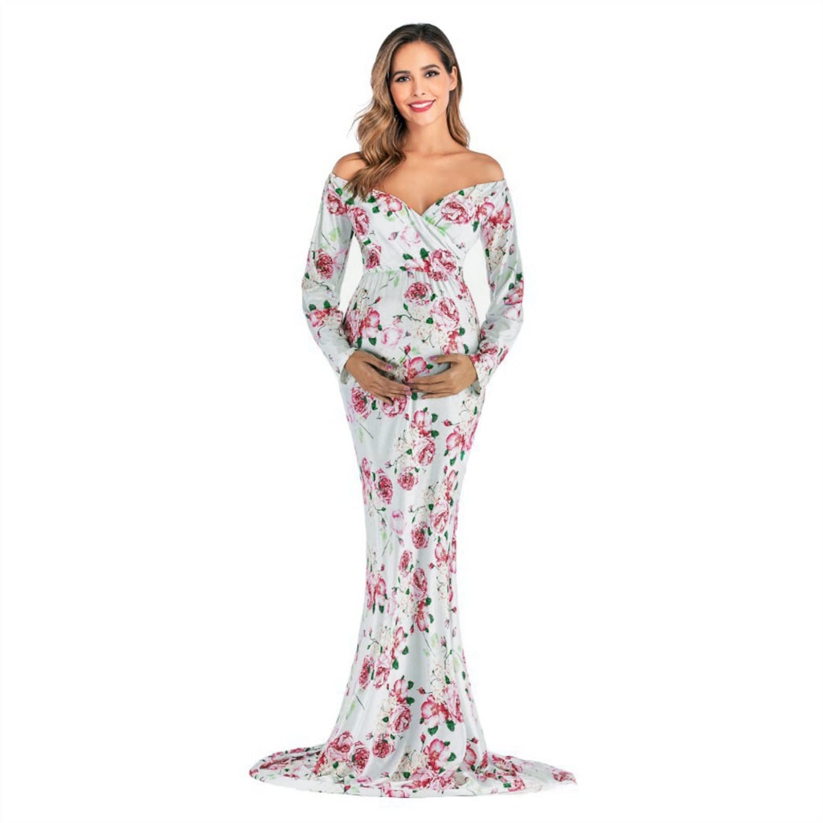 **Elegant Off-Shoulder Long Sleeve Maternity Dress for Women – Floral Print Pregnancy Gown for Parties & Photography – Size M, White – Perfect for Baby Showers & Maternity Photos**