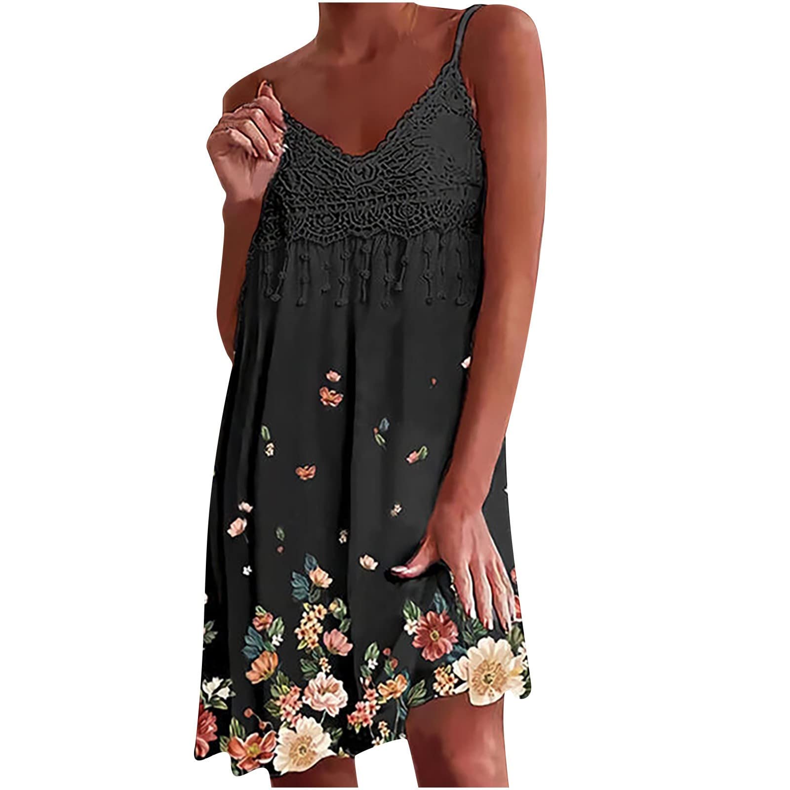 Women's Lace Sleeveless Sundress - Floral Panel Printed Summer Graduation Dress | Perfect for Beach Vacations, Garden Parties & Casual Outings