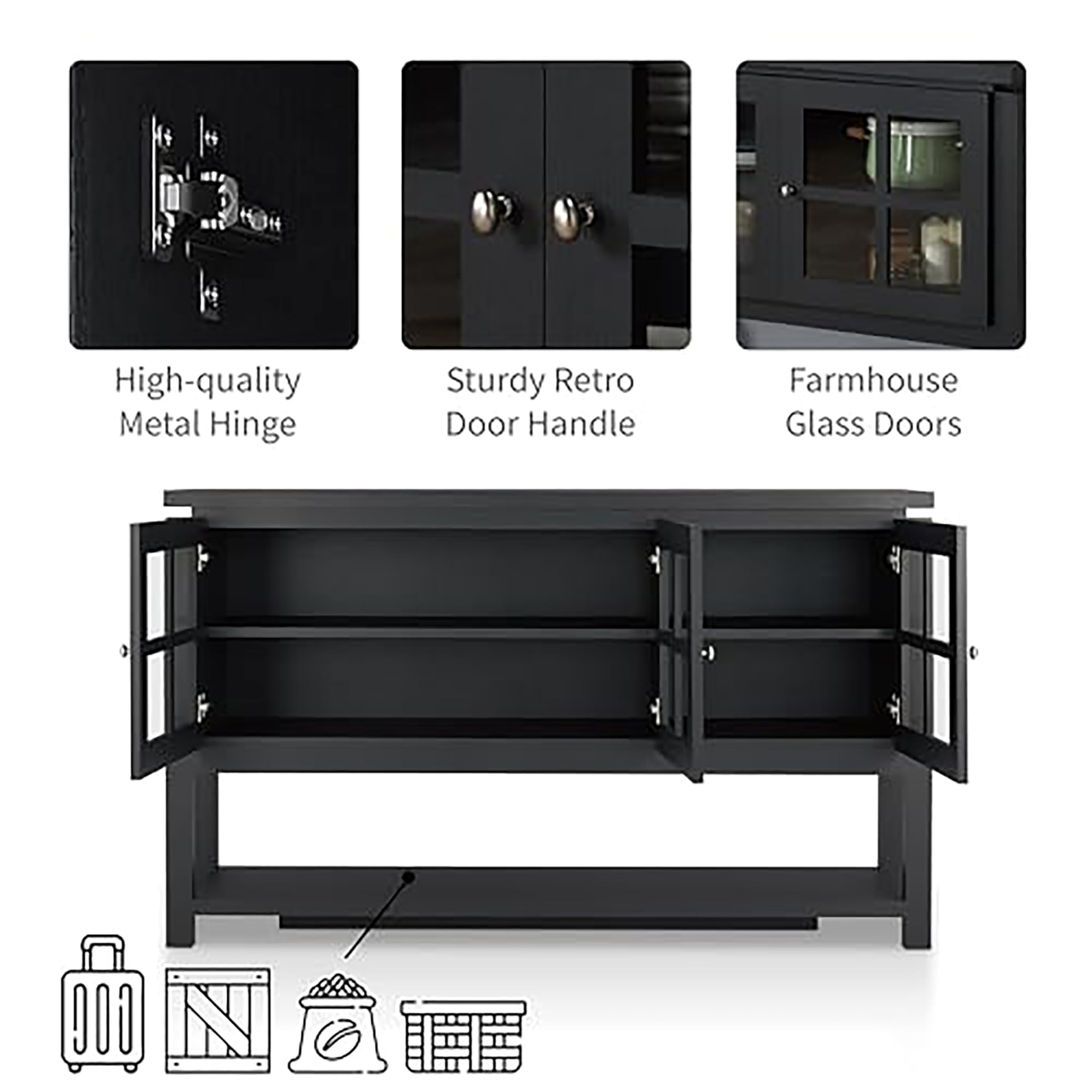 Furniture of America Julianna Farmhouse Sideboard Buffet Cabinet with Storage & Glass Doors - Wood Kitchen Coffee Bar, Entryway Console Table for Dining Room & Living Room - Perfect for Home Decor & Entertaining (Black)
