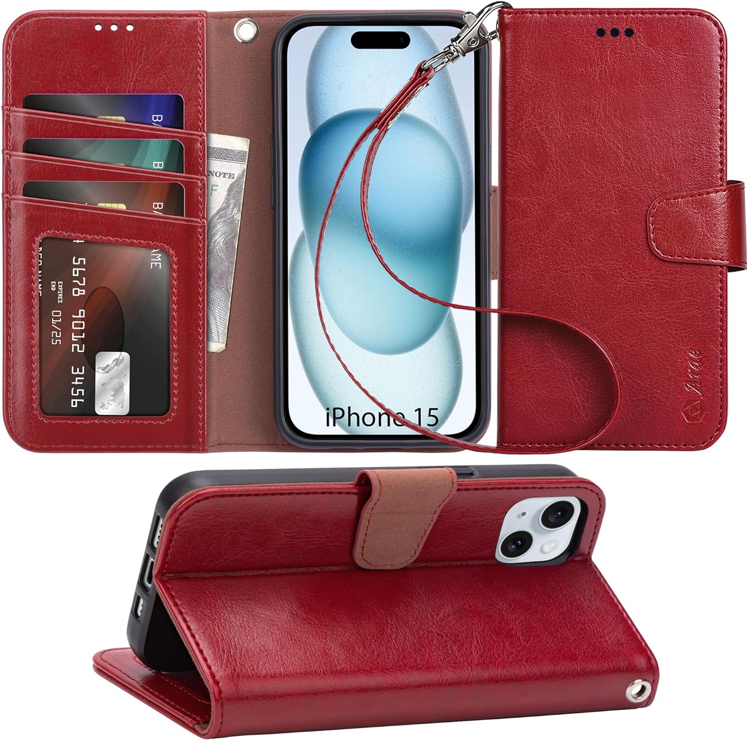 iPhone 15 Pro Case with Card Holder & Wrist Strap - Slim Wallet Flip Cover in Rose Gold | Perfect for Everyday Use, Travel & Hands-Free Convenience