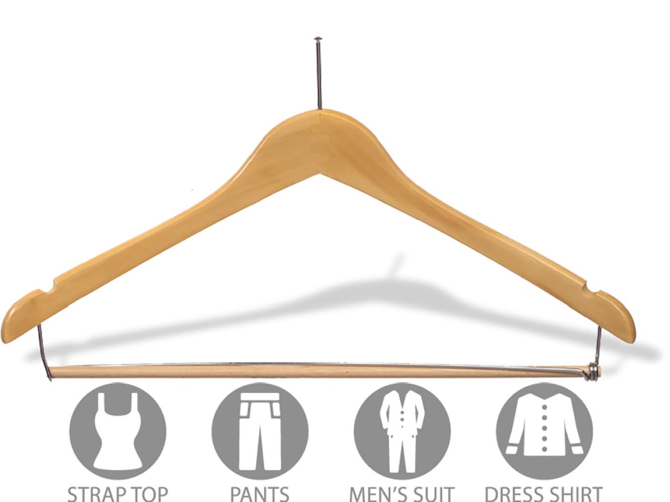 17 Inch Curved Wooden Suit Hangers with Locking Bar & Anti-Theft P-Nail Hook - Natural Finish, Notched Design (Box of 50) by The Great American Hanger Company - Perfect for Dry Cleaning, Retail Stores & Home Closet Organization