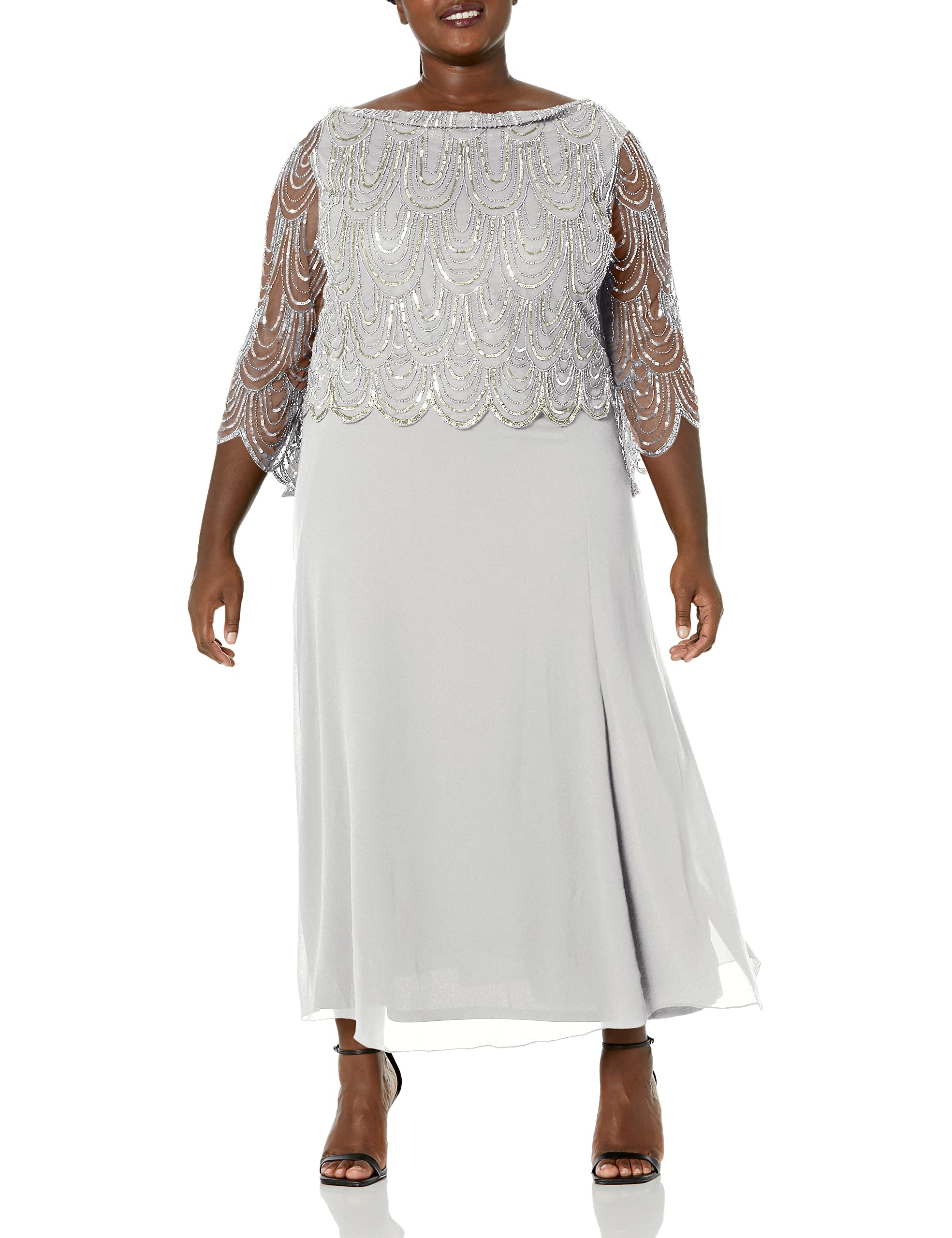 J Kara Women's Plus Size 3/4 Sleeve Scallop Beaded Pop Over Gown - Elegant Evening Dress for Parties, Weddings & Special Occasions