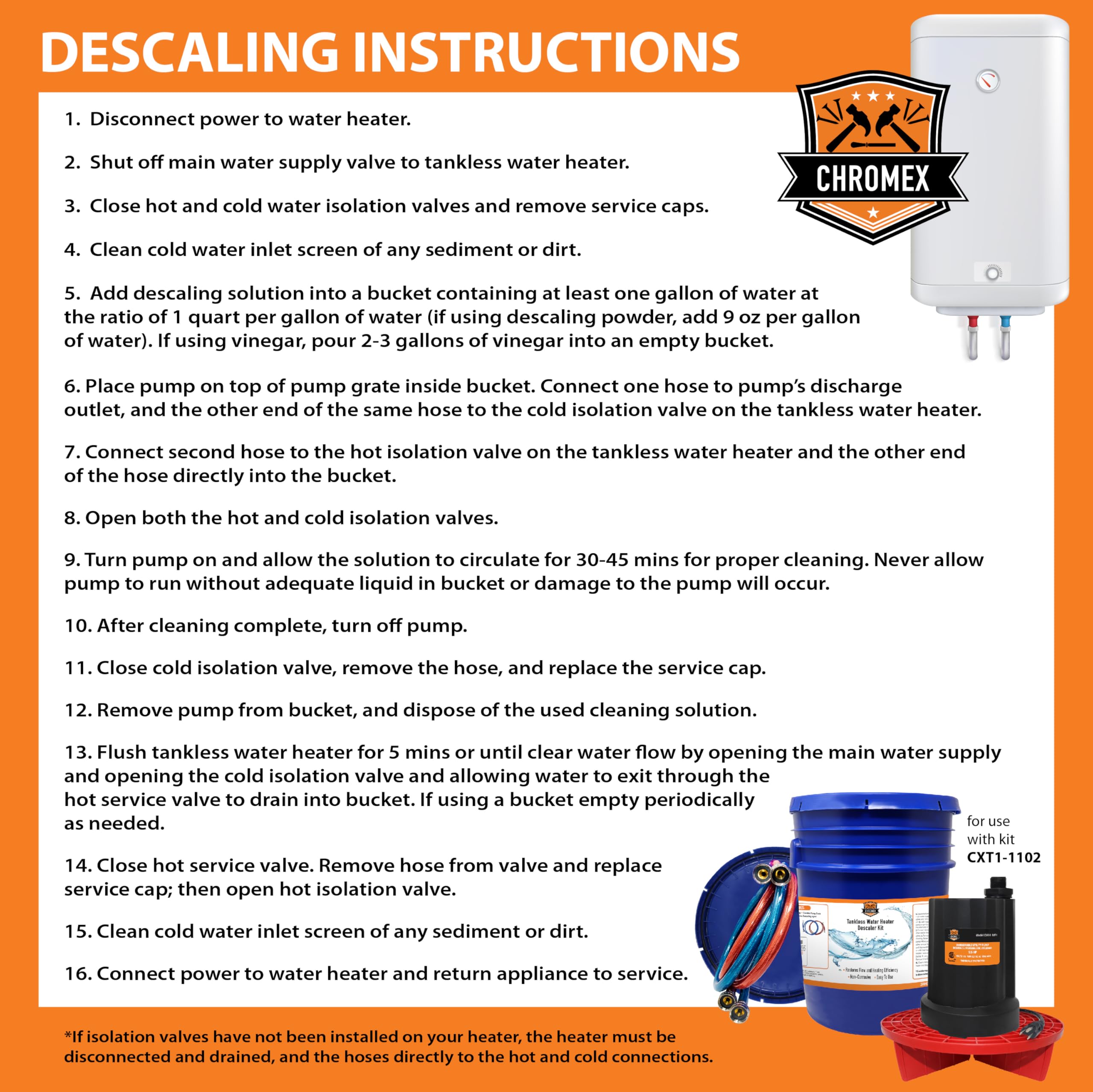 Chromex Tankless Water Heater Descaler Kit - Eco-Friendly Lime Scale Remover for Tankless Heaters (Works with Vinegar or Any Descaler) - Perfect for Home, RV & Commercial Use