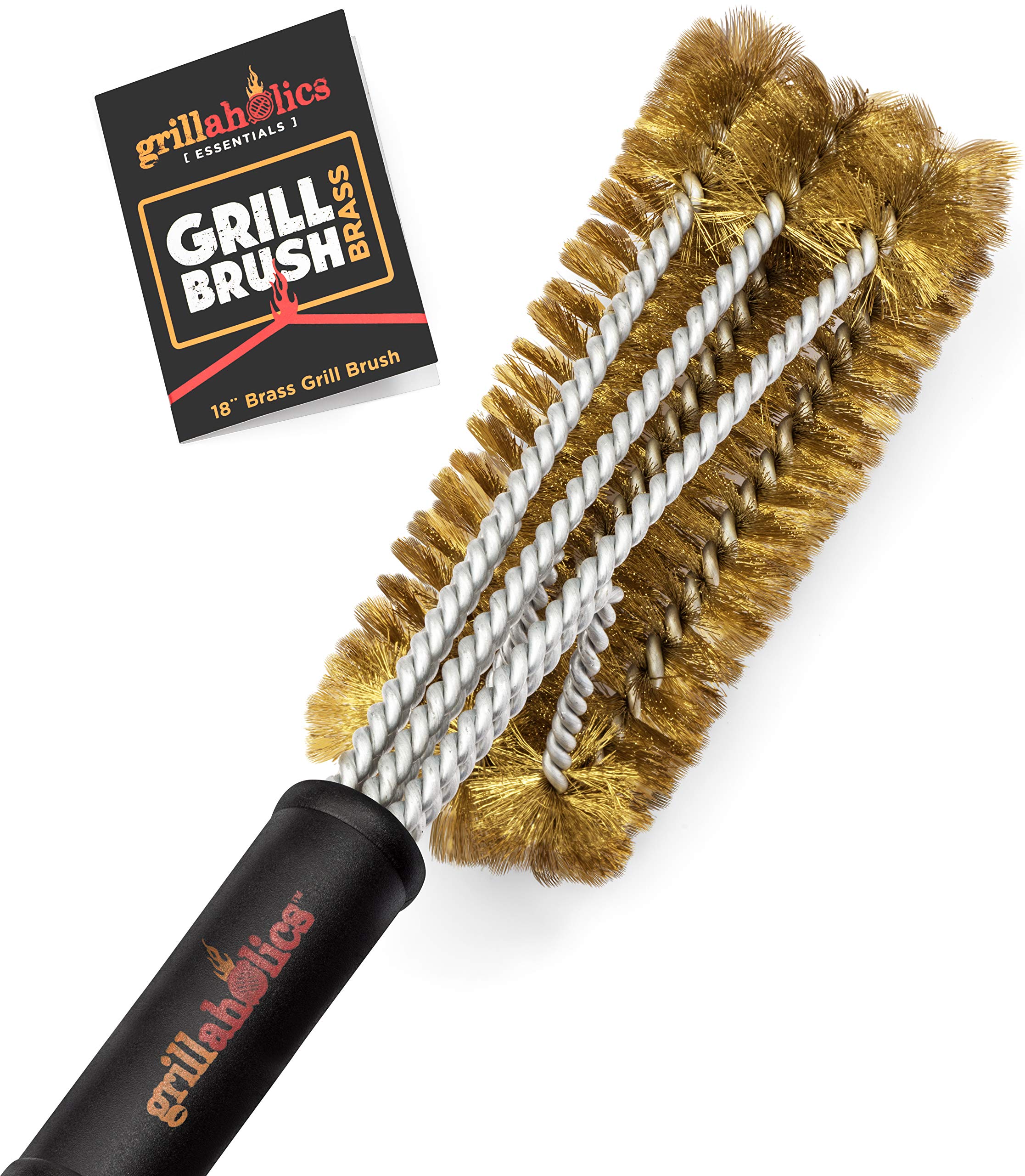 Grillaholics Brass BBQ Grill Brush – Heavy-Duty Grill Cleaning Tool with Soft Bristles for Porcelain & Ceramic Grates – Safe Outdoor Cooking Accessory for Backyard, Camping, and Tailgating Parties