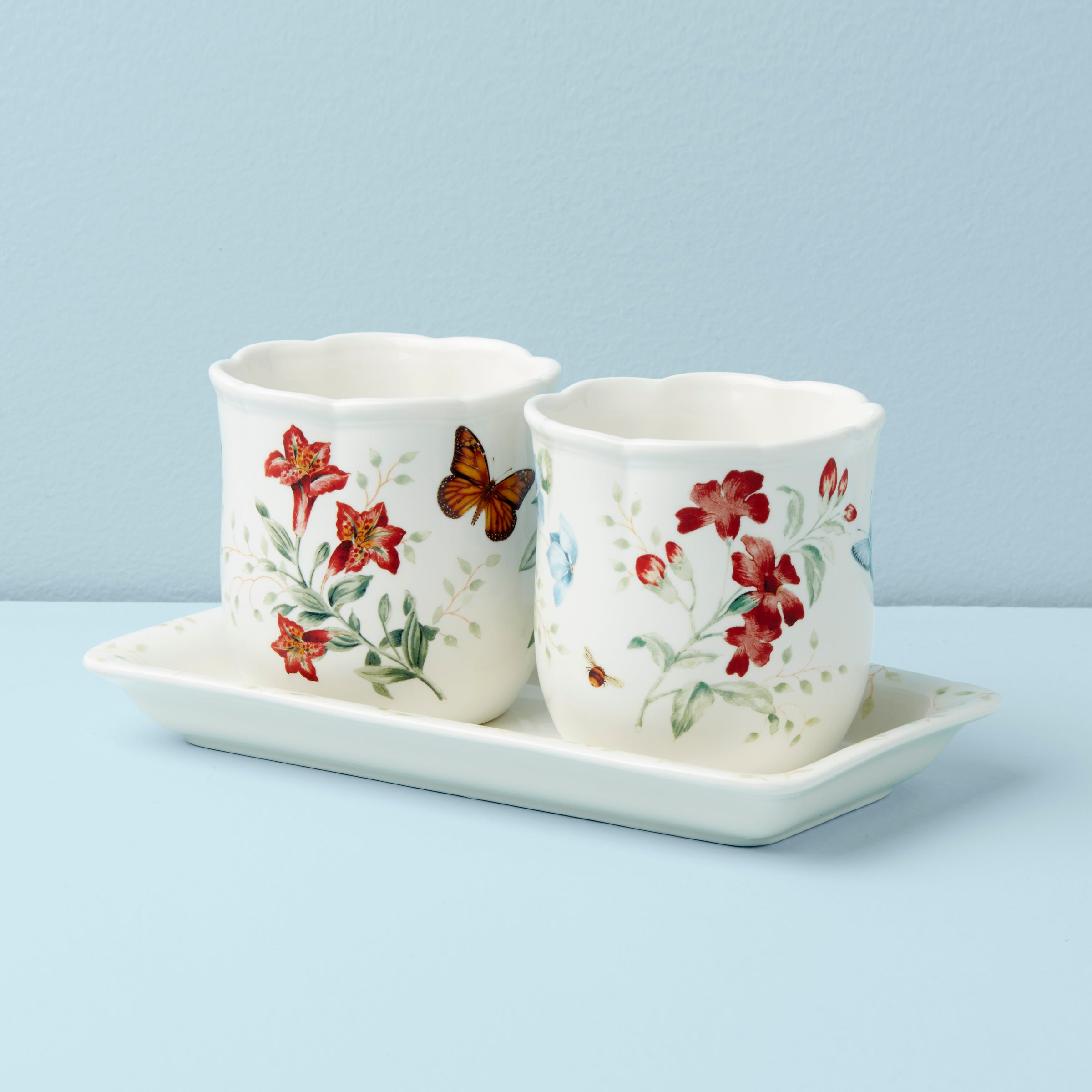 Butterfly Meadow 3-Piece Herb Garden Pots with Drainage Holes & Matching Tray - Perfect for Indoor Kitchen Windowsill, Outdoor Patio, and Home Gardening Decor
