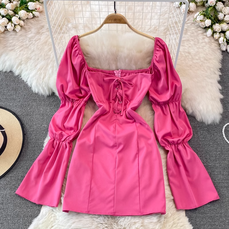 Elegant Autumn Court Style Puff Sleeve Square Neck Midi Dress with High Waist | Vintage Fairy Skirt for Women | Perfect for Fall Weddings, Tea Parties & Formal Events
