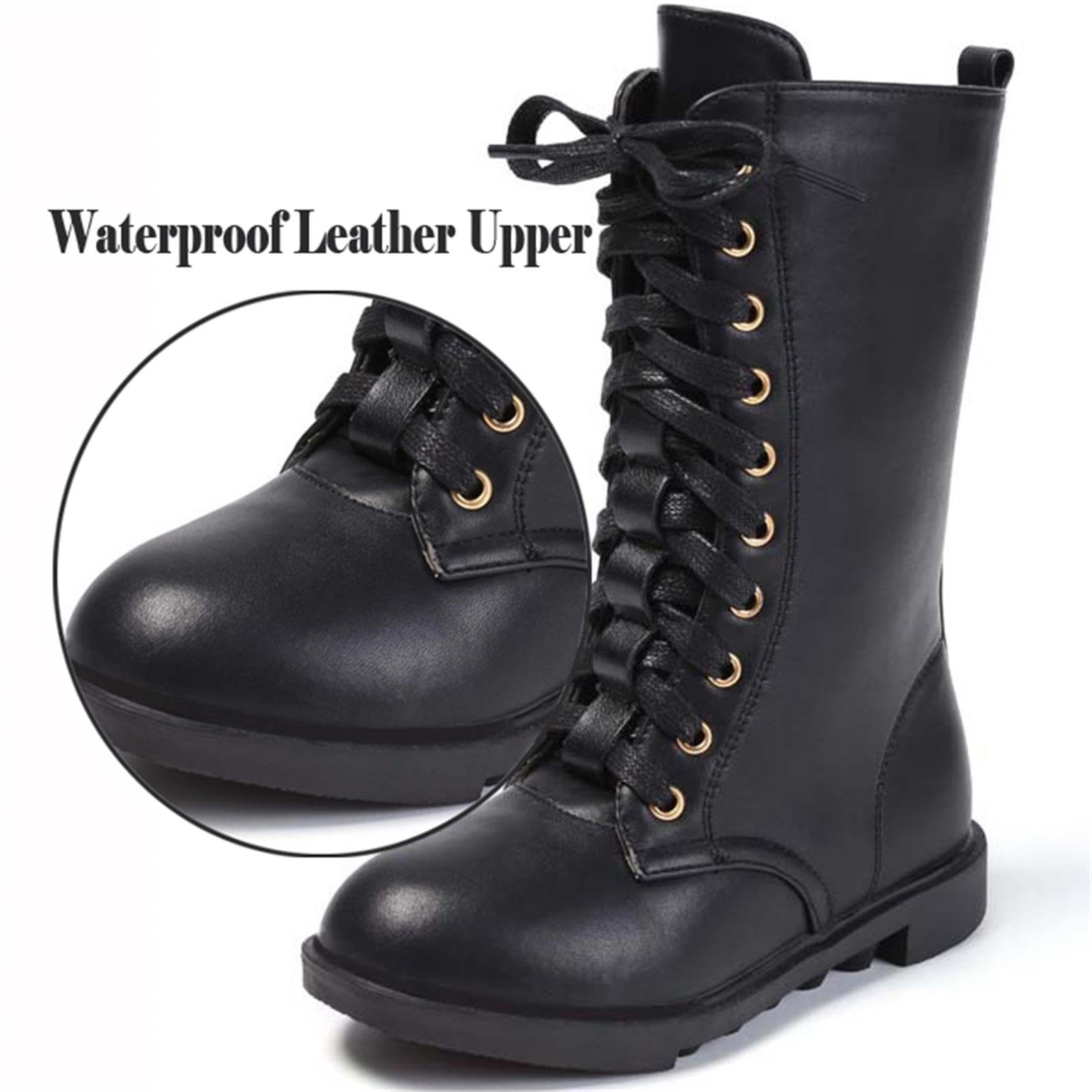 Waterproof Leather Side Zipper Combat Boots for Girls & Boys - Mid Calf Riding Boots, Winter Snow Boots (Toddler/Little Kid/Big Kid) | Perfect for Outdoor Adventures, School & Winter Play