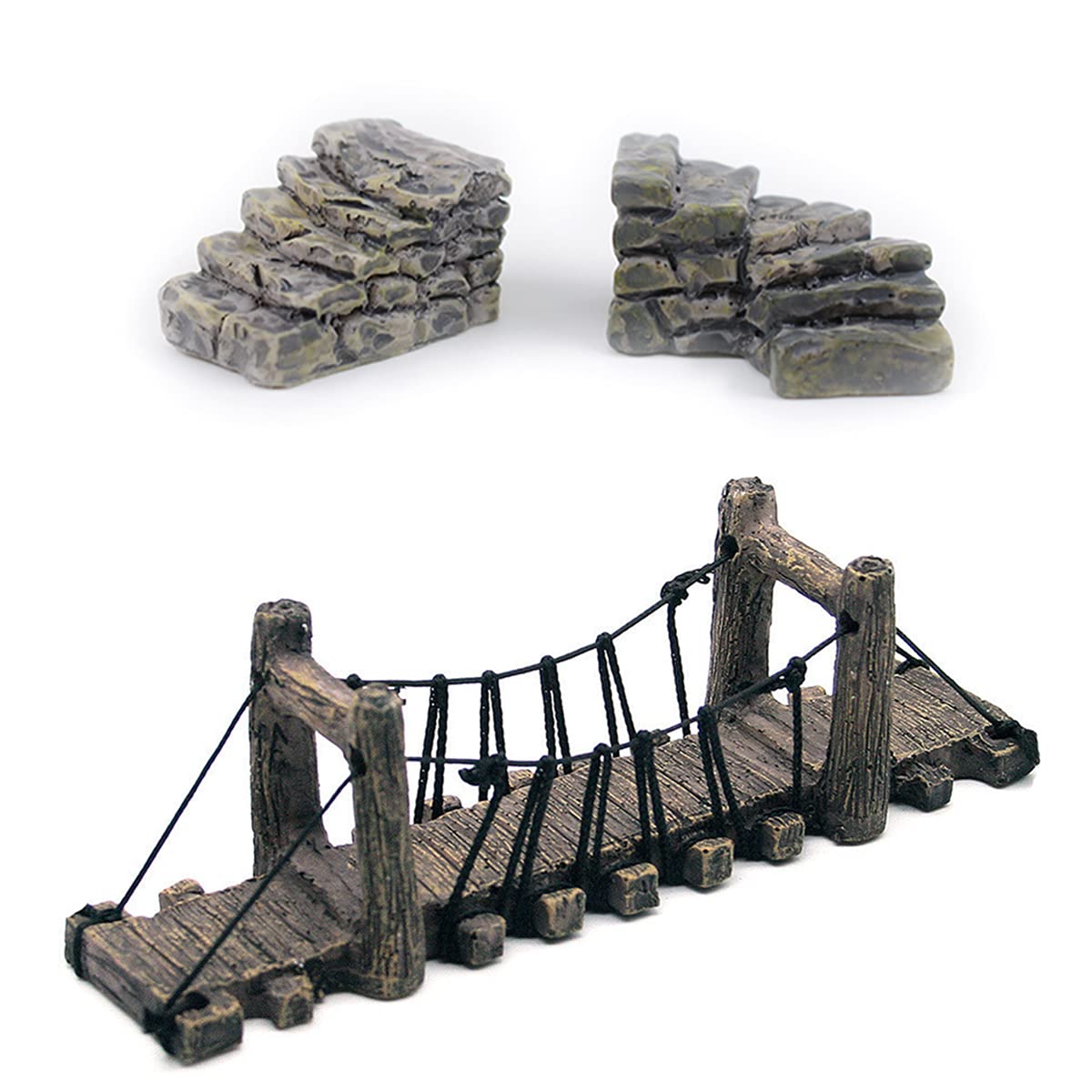 3 PCS Fairy Garden Decor Set - 2 Stone Stairs & 1 Wood Bridge for Miniature Gardens, Bonsai, Fish Tanks & Terrariums - Perfect for DIY Mini Landscapes, Fairy Houses and Home Decor