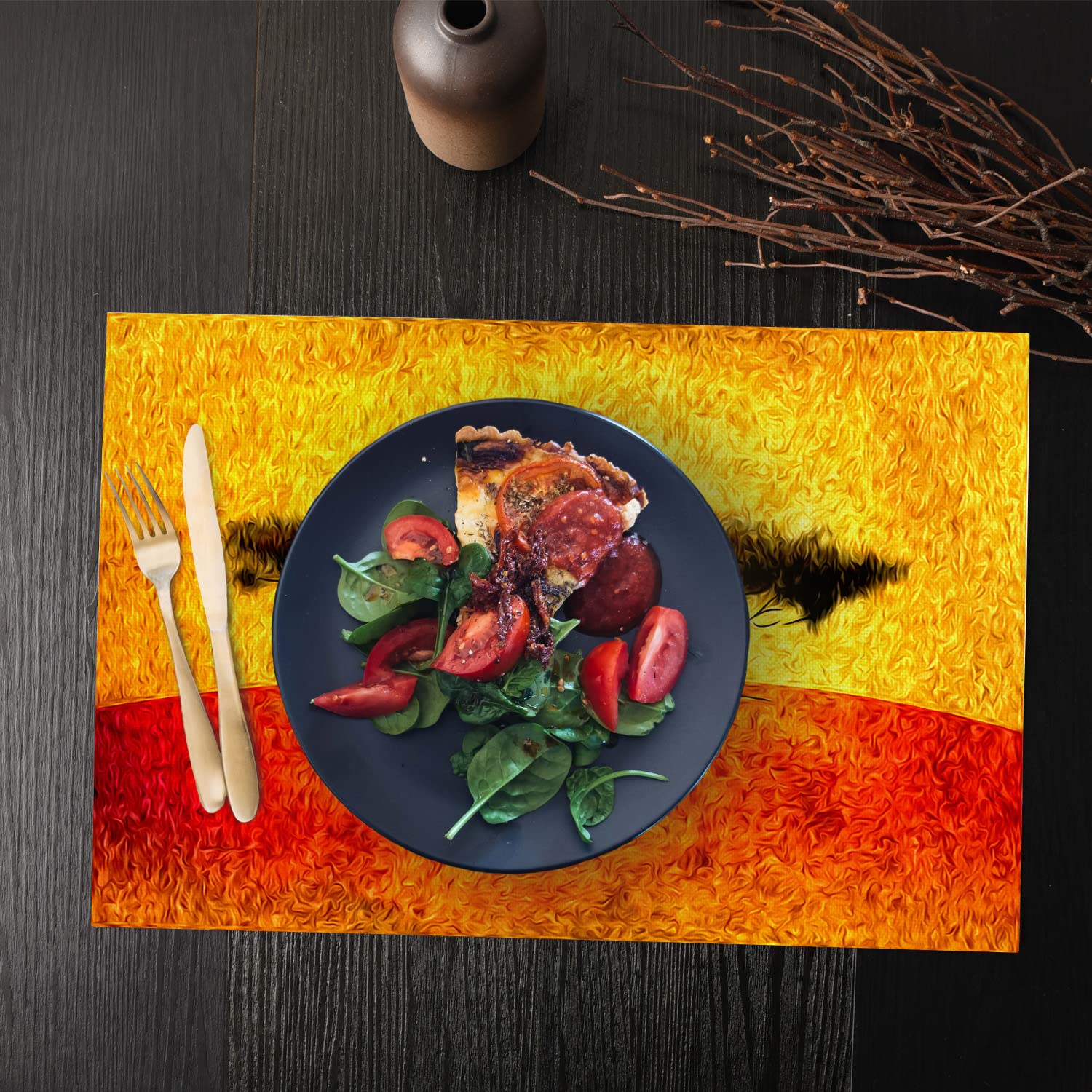 Shrahala Yellow & Orange African Ethnic Oil Tree Painting Placemats - Set of 4 Washable Linen Burlap Table Mats (12x16 Inch) for Dining & Kitchen - Double-Layer Heat Insulation for Hot Dishes & Stylish Home Decor