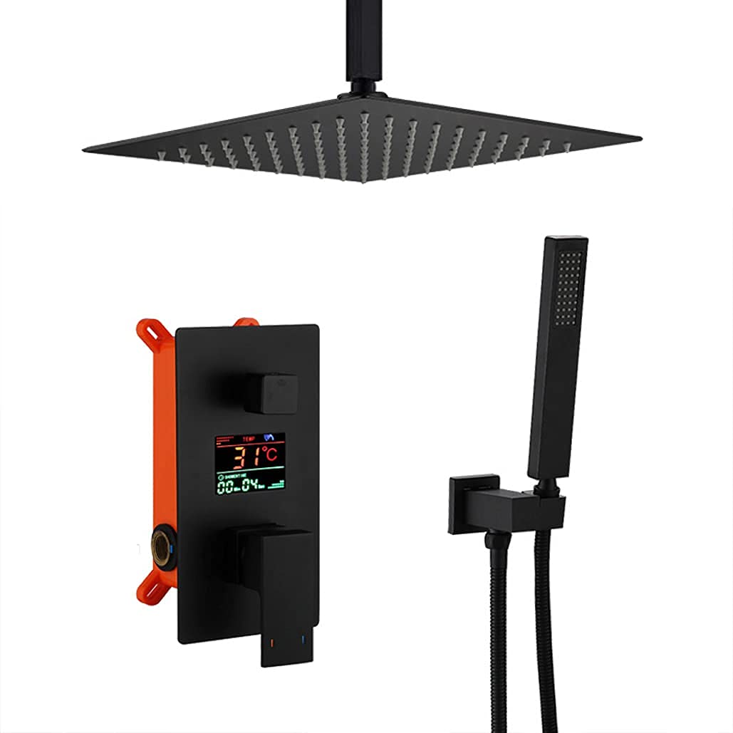 GoodBZ Black Ceiling Mounted LED Digital Display Luxury Shower System - 10-12 Inch Square Rainfall Shower Head with Handheld Shower for Modern Bathroom, Spa & Relaxation Experience