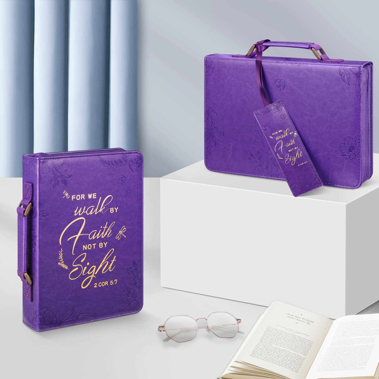 FINPAC Large Classic Vegan Leather Bible Cover with Handle - Protective Bible Carrying Case for Church, Travel & Daily Use - Perfect Gift for Women, Mothers & Friends (Purple)