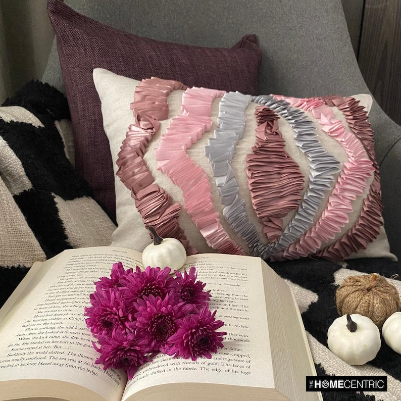 Elegant Pink Linen Begonia Lumbar Pillow Cover - Home Decor Accent for Sofa, Bed & Living Room